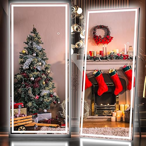 Hasipu Full Length Mirror with Lights, 79" x 32" LED Lighted Floor Standing Mirror, Full Body Dressing Hanging Mounted Mirrors, Dimmable, Tempered Glass, Safe to Use, Square Black