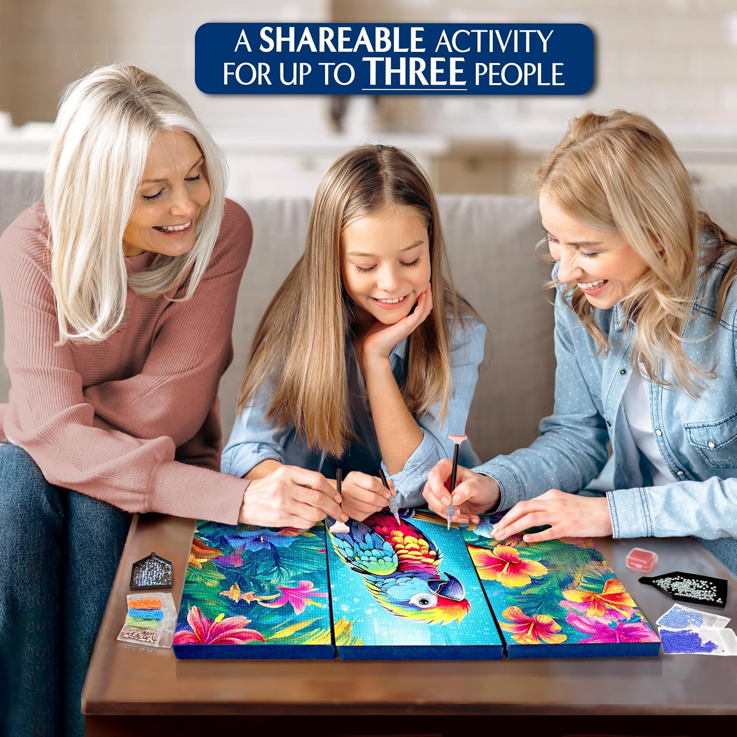 ArtSkills Diamond Painting Kit, Diamond Art Ready to Hang Framed Canvas with Storage and Accessory Kit, Parrot Paradise, 3 Stretched Canvas Panels, 14” x 7” Each