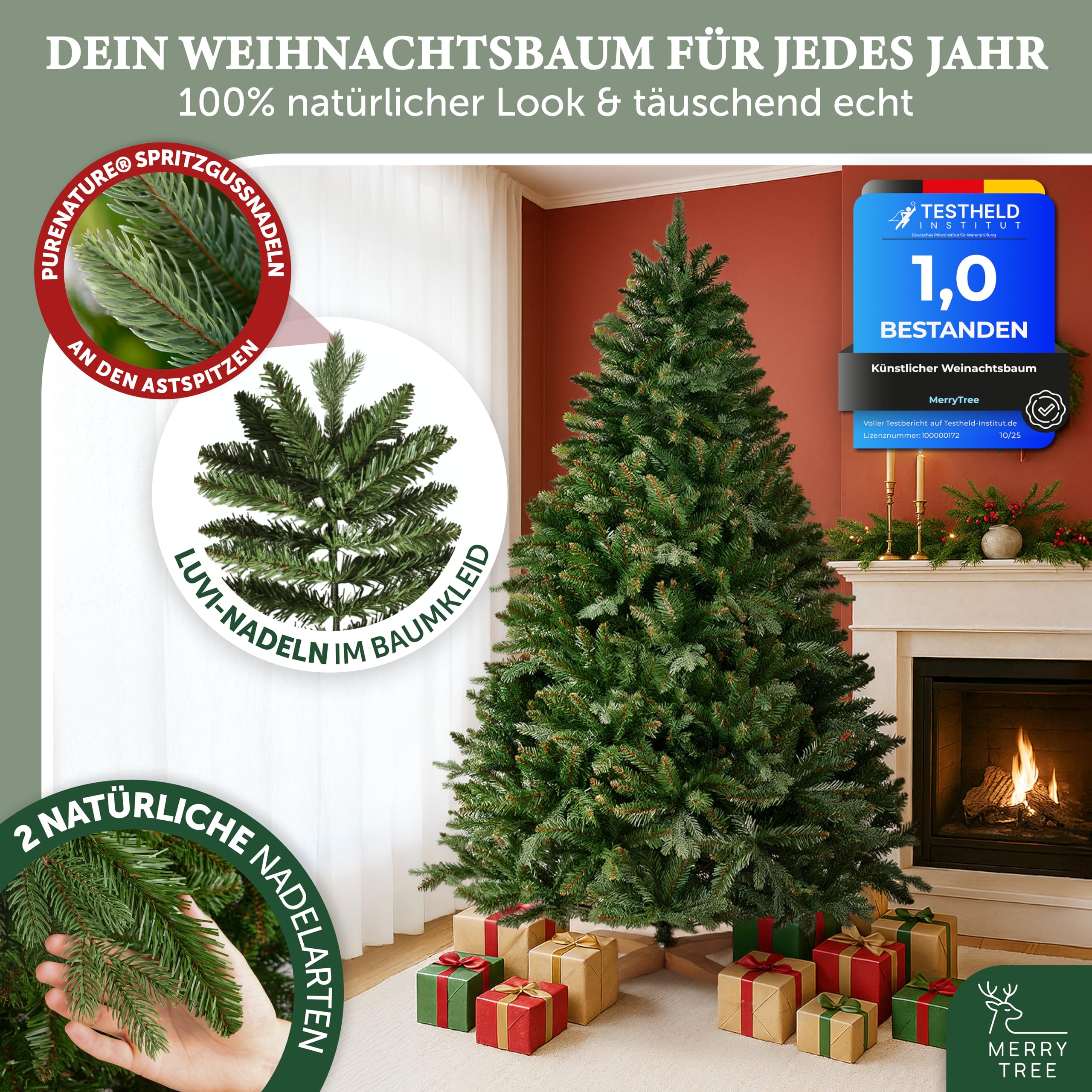 Premium künstlicher Weihnachtsbaum 180cm - großer Weihnachtsbaum Spritzguss Mix aus naturgetreuem PE + PVC + edlen Holzfuß - Stamm im natürlichen Look - Tannenbaum künstlich - Nordmanntanne