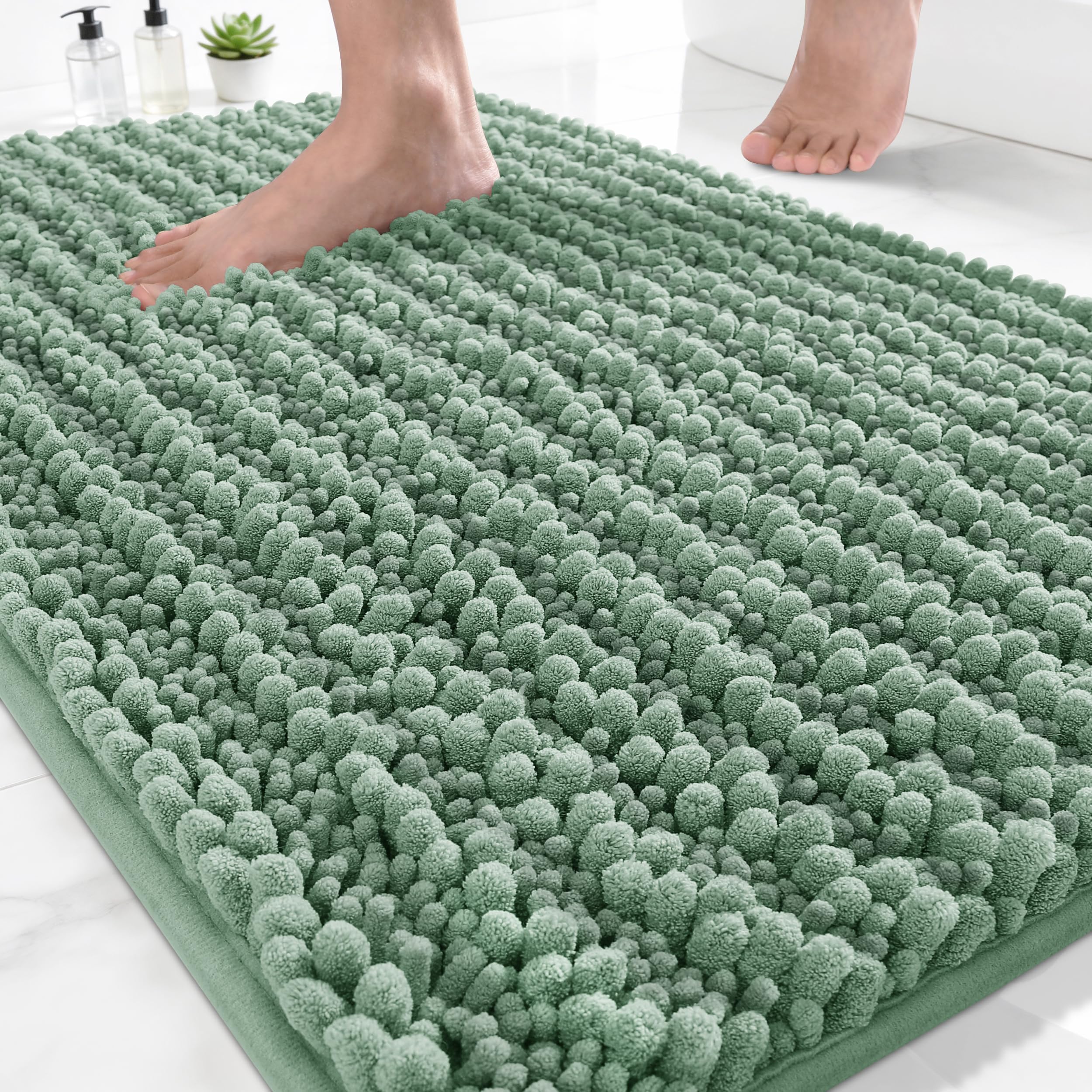 Yimobra Rectangular Bathroom Rug Mat 24 x 17, Extra Soft Non Slip Absorbent Water Bath Rug, Quick Dry Machine Washable Chenille Shaggy Shower Mat, Bath Mat For Bathroom Floor, Green
