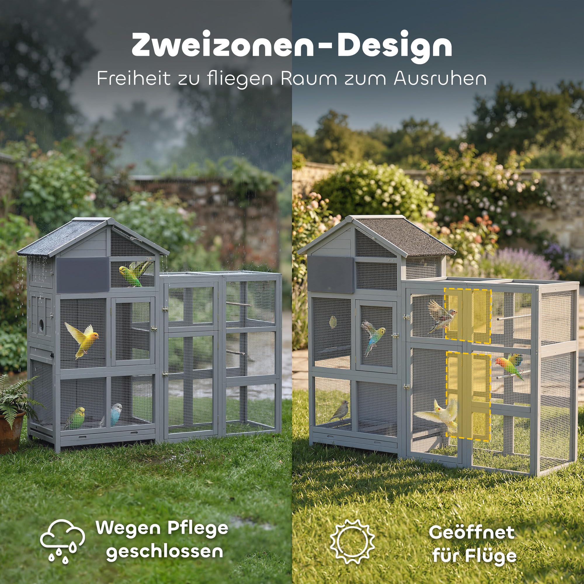 PawHut Pajarera de madera con ampliación, 6 perchas, 7 puertas, compartimento de almacenamiento, jaula para pájaros con cajón extraíble, cuencos de acero inoxidable, para pinzones, periquitos, gris