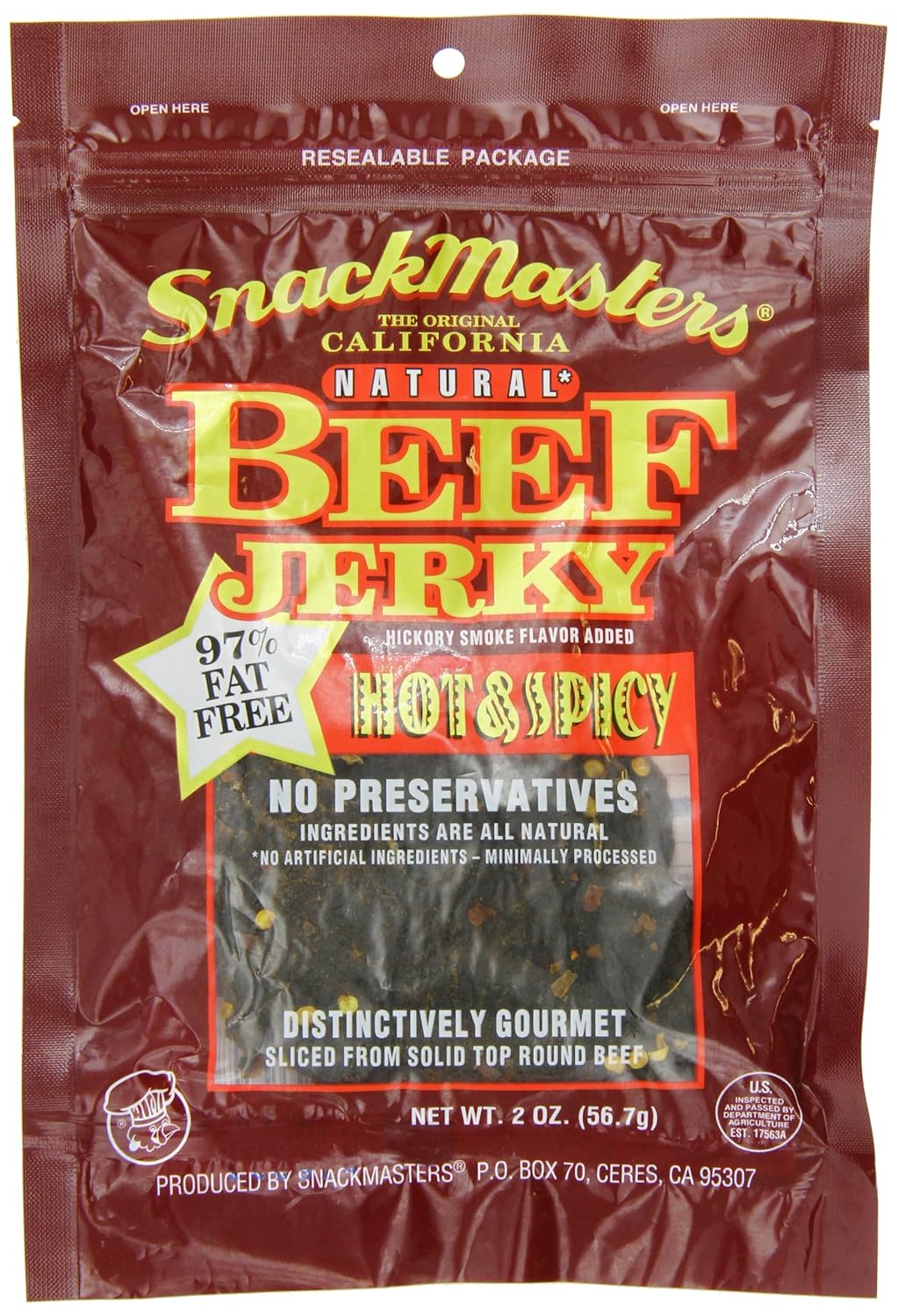 SnackMasters California Style Beef Jerky, picante y picante, paquetes de 2 onzas