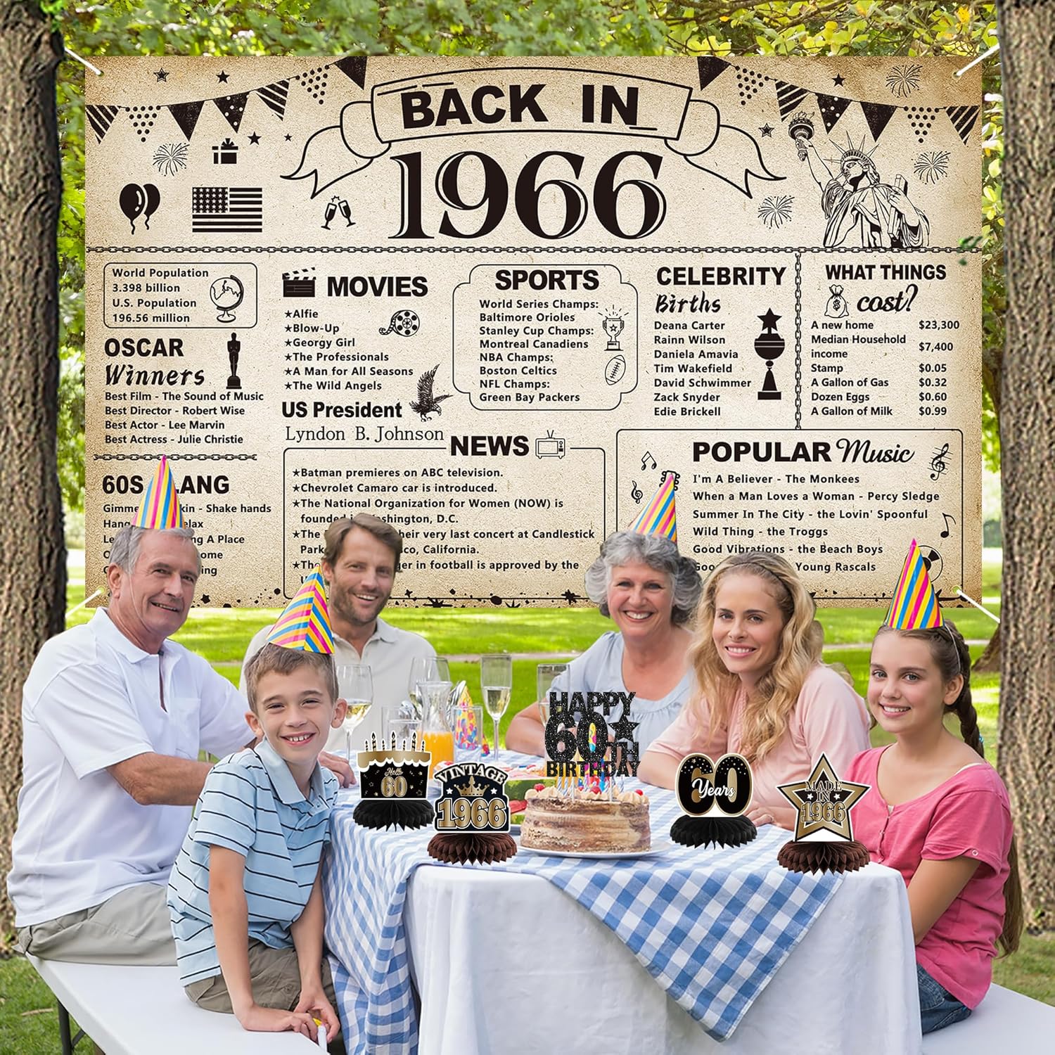 DARUNAXY 60th Birthday Party Decorations for Men Women, Vintage Back in 1966 Banner, Black 60 Number Balloons & Cake Topper, Vintage 1966 60 Birthday Honeycomb Hanging Swirl Confetti Balloons(30PC)
