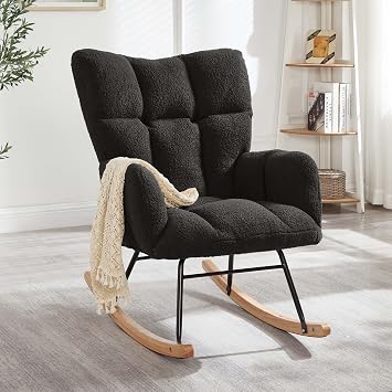 Small Rocking Chair, Teddy upholstered Nursery Rocker with High Backrest & Armrest, Glider Rocking Chairs for Living Room Bedroom Small Spaces, Metal Frame, Easy Assembly Dark Gray