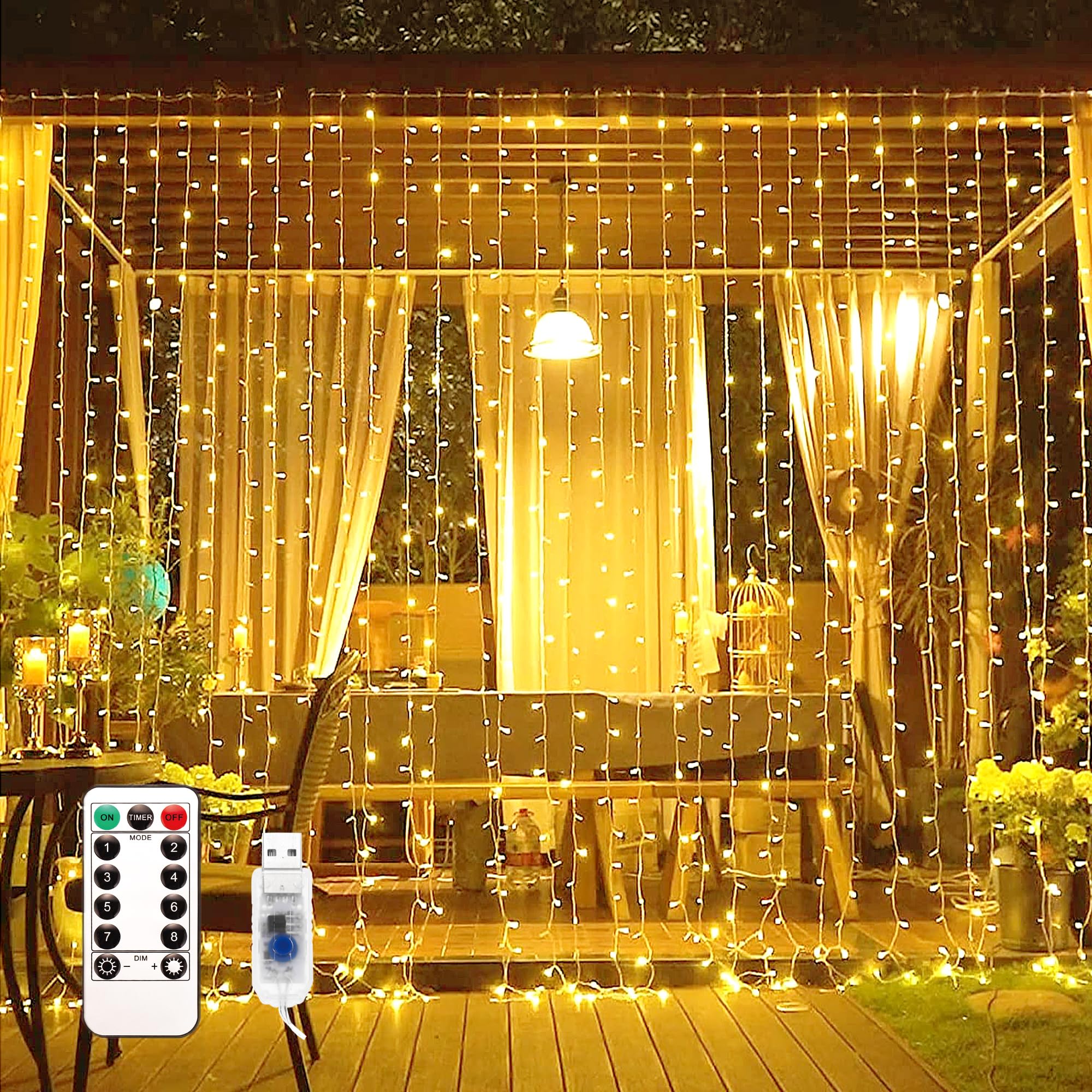 Luces de Cortina 300 LED 3 Metros x 3 Metros USB Cortina Luces, Navidad 8 Modos Cortina Luces LED con Mando Luz de Cortina Impermeable IP65 para Decoración Navidad, boda, cumpleaños (blanco cálido)