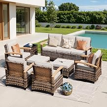 MEISSALIVVE 8 Pieces Outdoor Patio Furniture Sets, Wicker Patio Conversation Sets with 2 Wood Armrests Swivel Glide Chairs,2 Single Chairs, 3-seat Sofa Beige