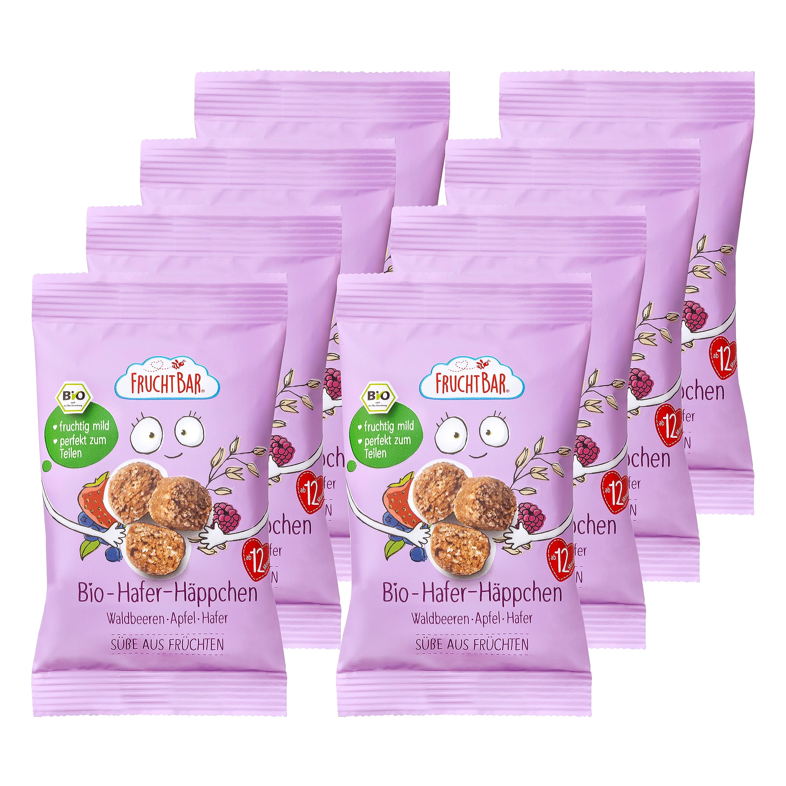 FruchtBar Bio Hafer Häppchen mit Waldbeeren, Apfel, Hafer, 10er Pack, zuckerfreier Kinder-Snack, für Babys ab 12 Monaten & Kinder, 10x 40g