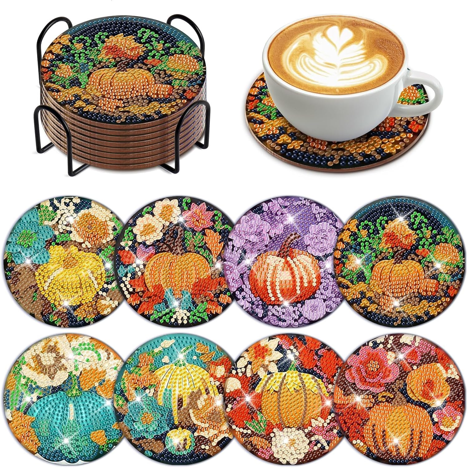 Denylo pro 8 Pcs Fall Pumpkin Diamond Art Painting Coasters Kits with Holder DIY Autumn Pumpkin Diamond Art Coaster Non Slip Coaster for Adults Diamond Kits Supplies for Fall Gift