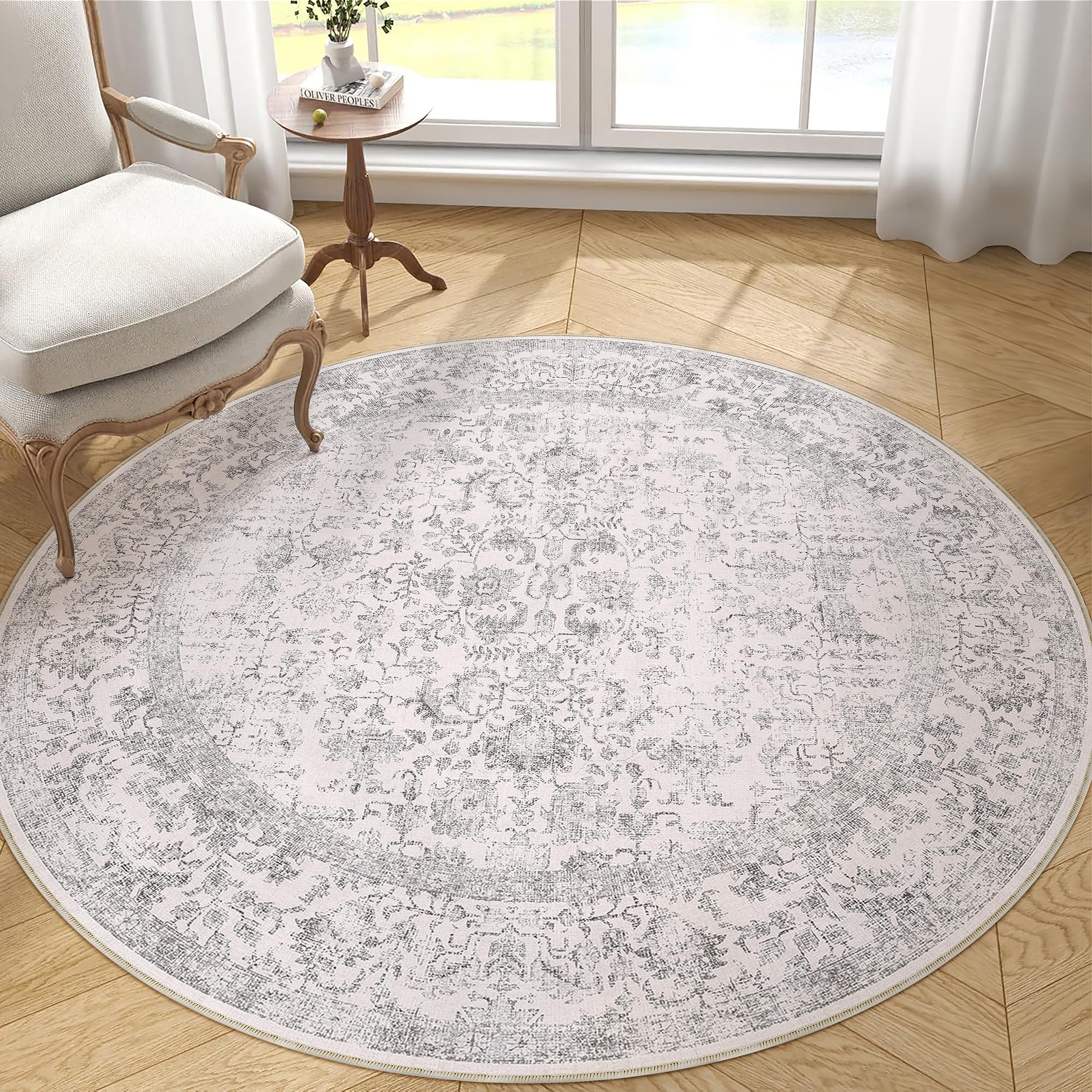 Tapis rond 180cm gris antidérapant lavable pour nettoyer facilement le salon