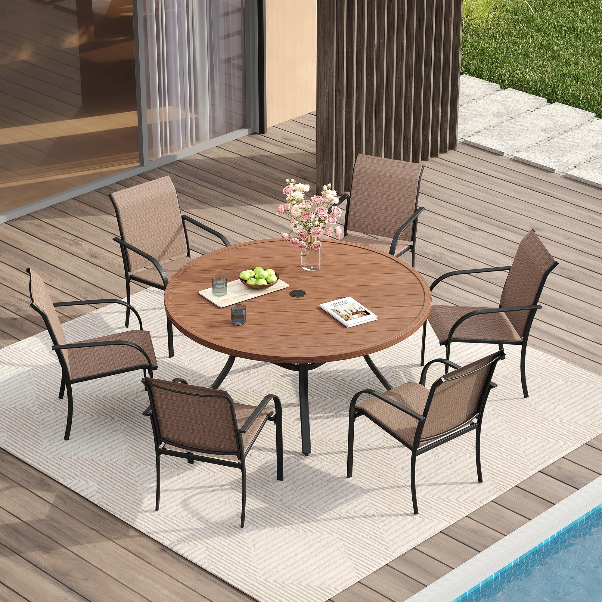 VICLLAX Patio Dining Set for 6, All Weather Metal Outdoor Furniture Set- 47" Round Patio Table and Chairs, Walnut Tabletop and Brown Fabric