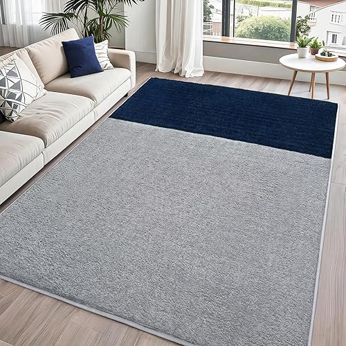Rugs for Bedroom Living Room, 4x6 ft Grey Navy Blue Area Rug, Washable Memory Foam Non-Slip Carpet, Modern Minimalist Indoor Carpets for Boys Girls Kitchen Home Decor