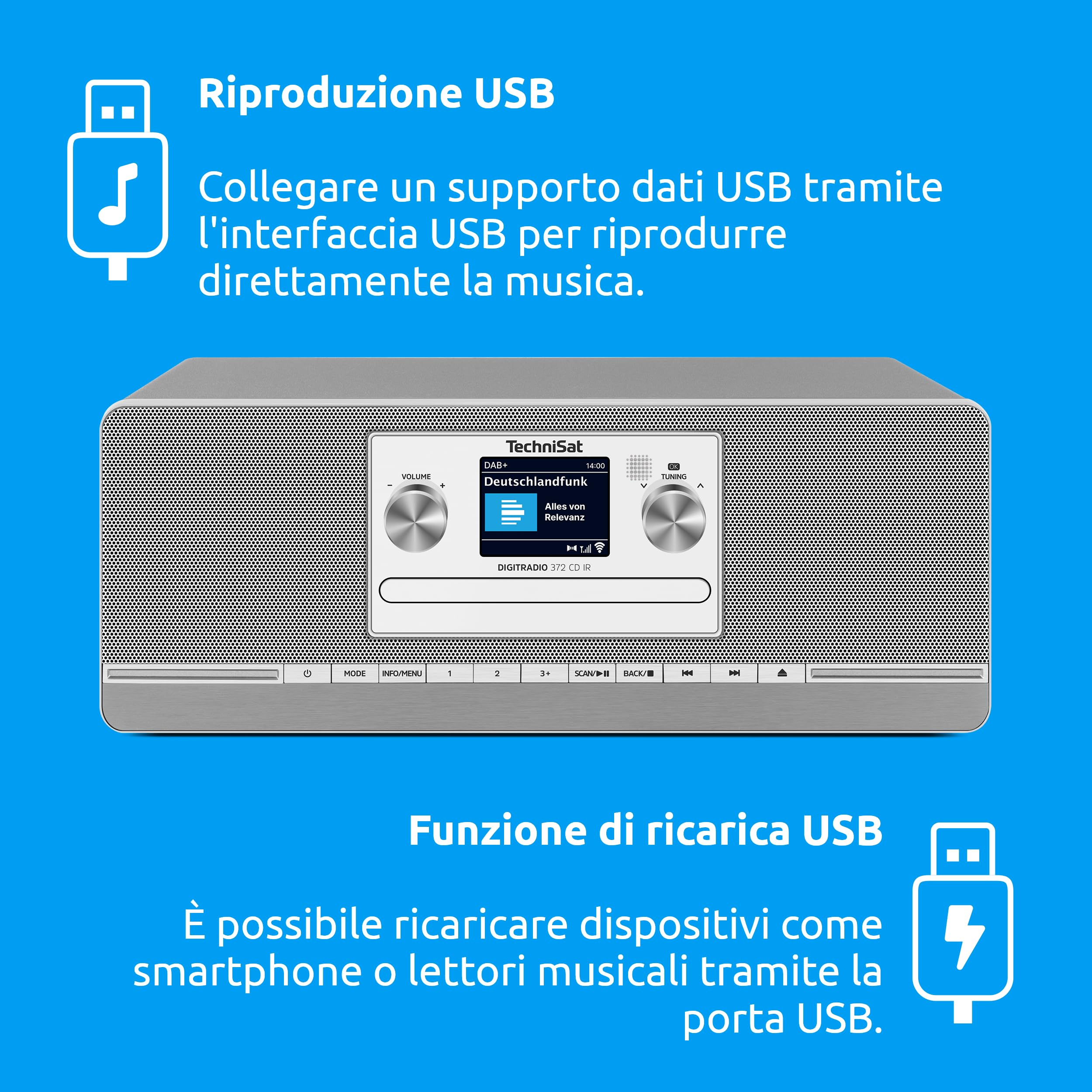 TechniSat DIGITRADIO 372 CD IR Radio Internet stereo DAB+ FM CD Wi-Fi Bluetooth display colori USB AUX sveglia 10 W argento