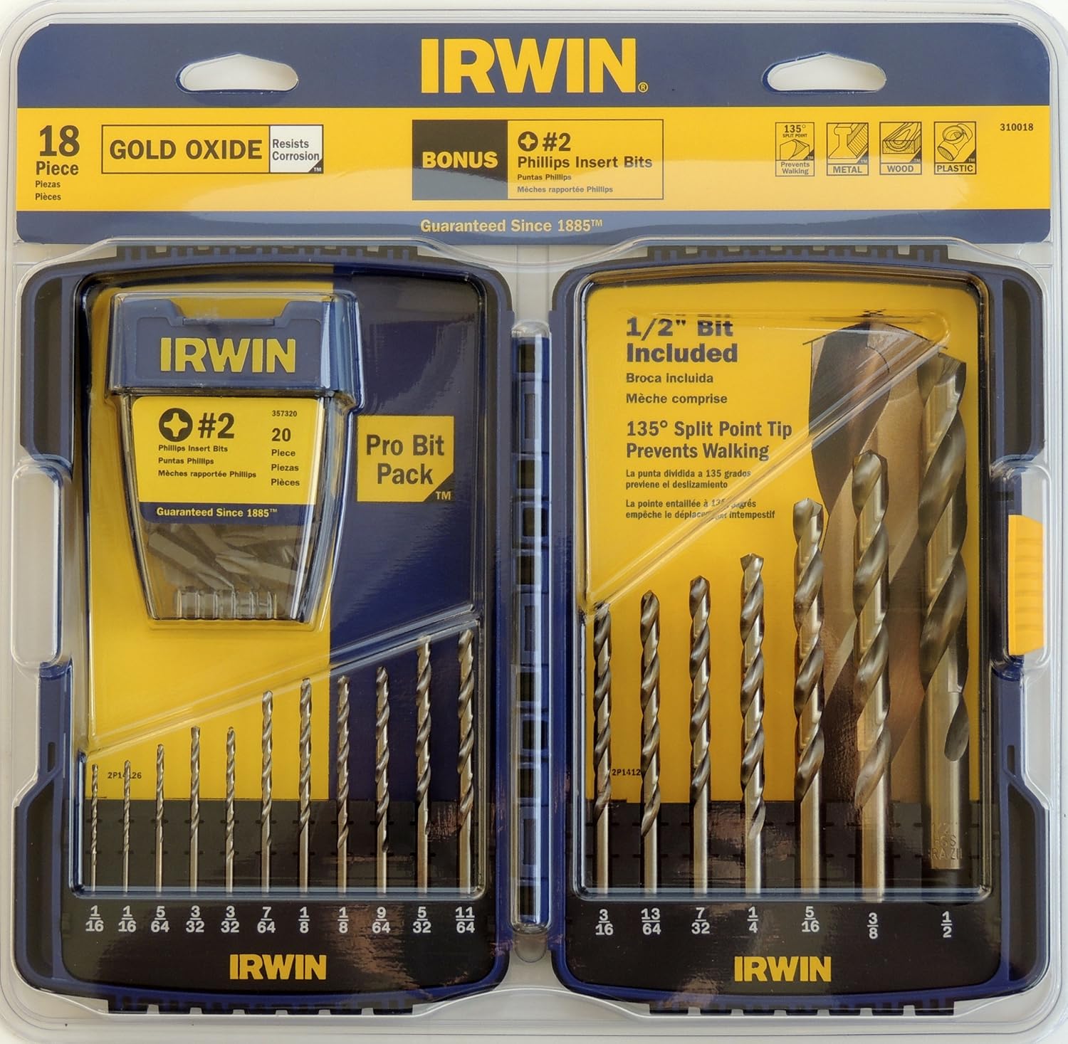 IRWIN 18 Piece GOLD OXIDE Drill Bit Set with Bonus 2 Phillips Inserts
