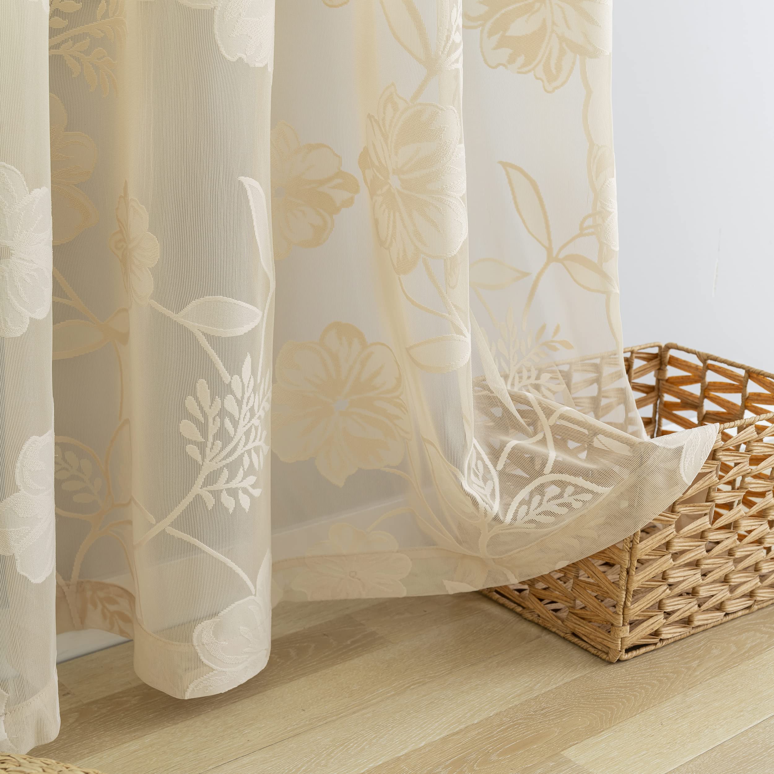 Tende beige semitrasparenti con pizzo per camera da letto, 228,6 cm di lunghezza, stile country chic, motivo floreale di rose, ricamate, trasparenti, tende per soggiorno, finestre a foglia, tende con