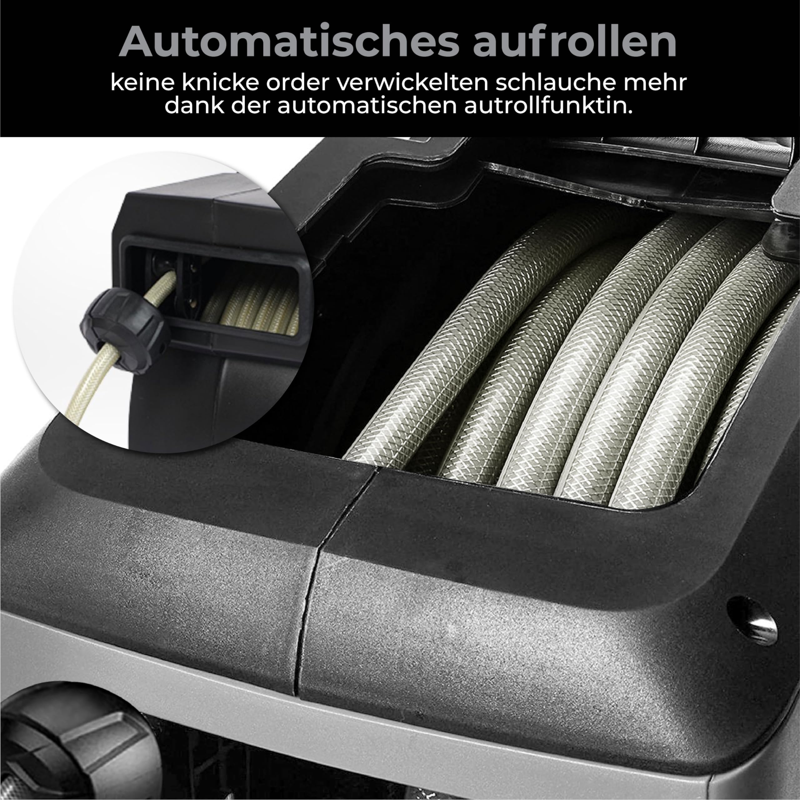 Wandschlauchbox 25 + 2 Meter - Gartenschlauch mit Rolle - Schlauchhalter 180° drehbar - Gartenschlauchrolle - Schwarz