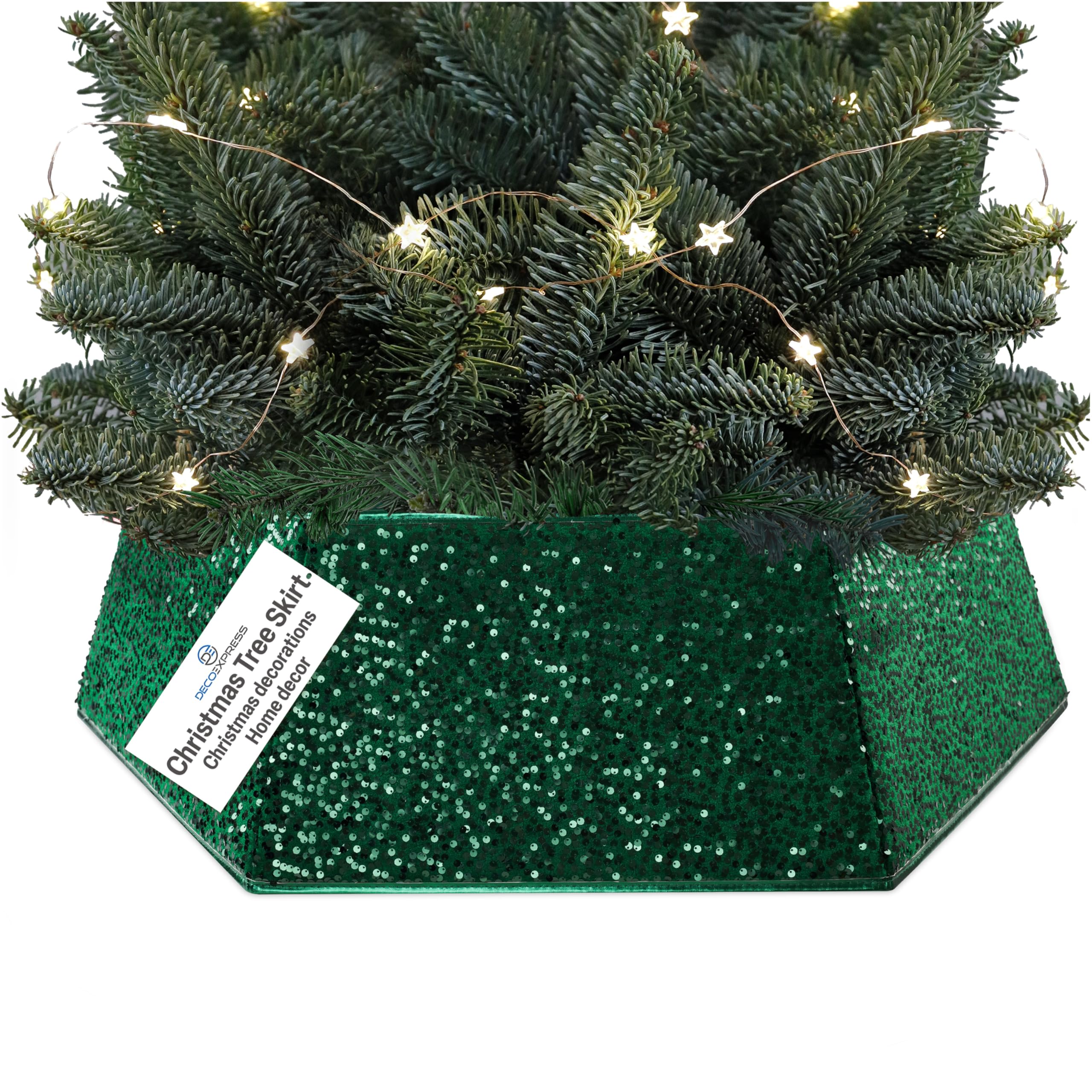 DECO EXPRESS Christmas Tree Skirt, Sequin Tree Base Cover, Sparkly Collar for Christmas Decorations, Festive Decor for Xmas Party, 68 x 25cm (Green Sequin)