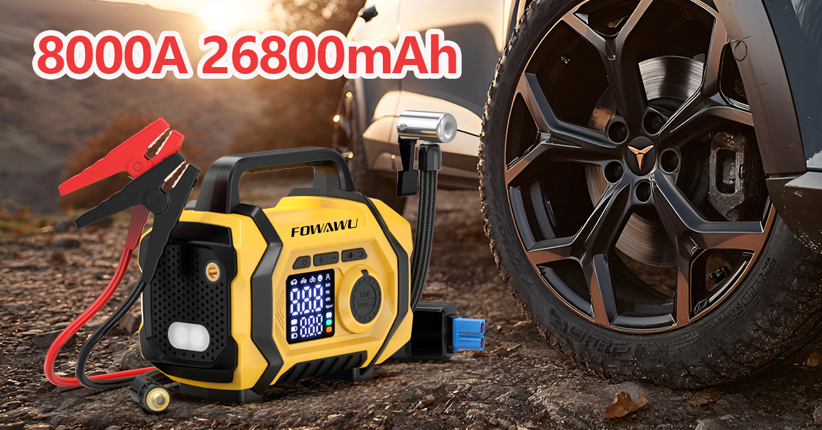 Wyxron Starthulp powerbank met compressor, 6-in-1 auto-booster, starthulp, 150 psi, 3000 A voor 12 V jumpstarter, autostarter met lcd-beeldscherm/QC3.0 opladen/led (alle benzine/8 l diesel