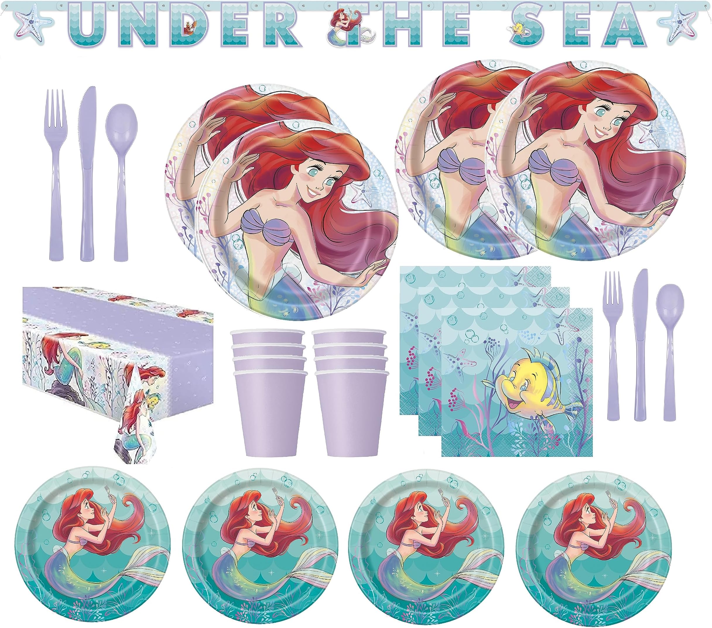 The Little Mermaid Birthday Party Supplies and Decoration for 16 Guests Paper Plates Napkins Cups Table Cover Banner Premium Lavendar Cutlery "Under The Sea" Mermaid Party Supplies Set