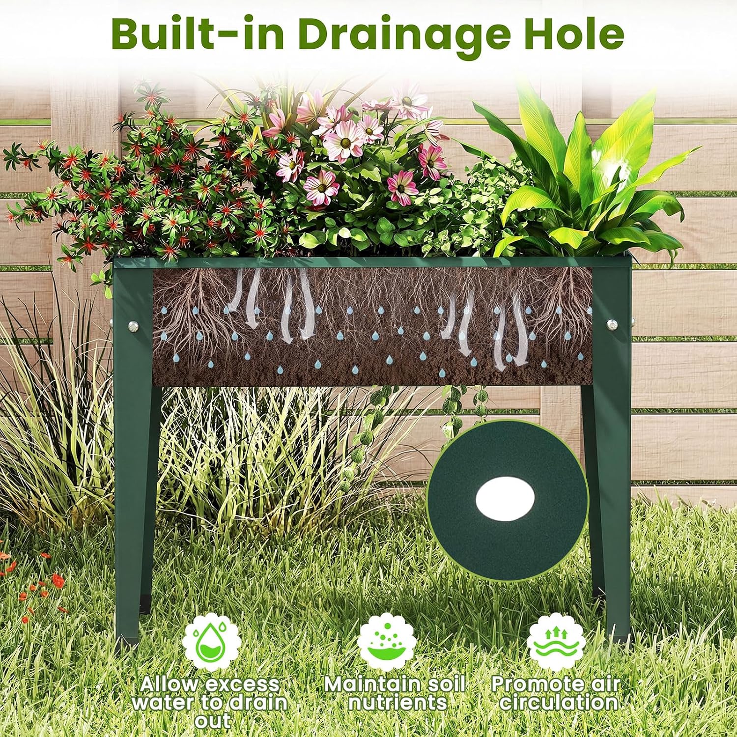 HAPPYGRILL Raised Garden Bed, Metal Elevated Planter Box w/Legs, Drainage Holes for Growing Vegetables Fruits Flowers, Indoor Outdoor Standing Plant Container for Backyard Patio (Green, 24”x11”x18”)