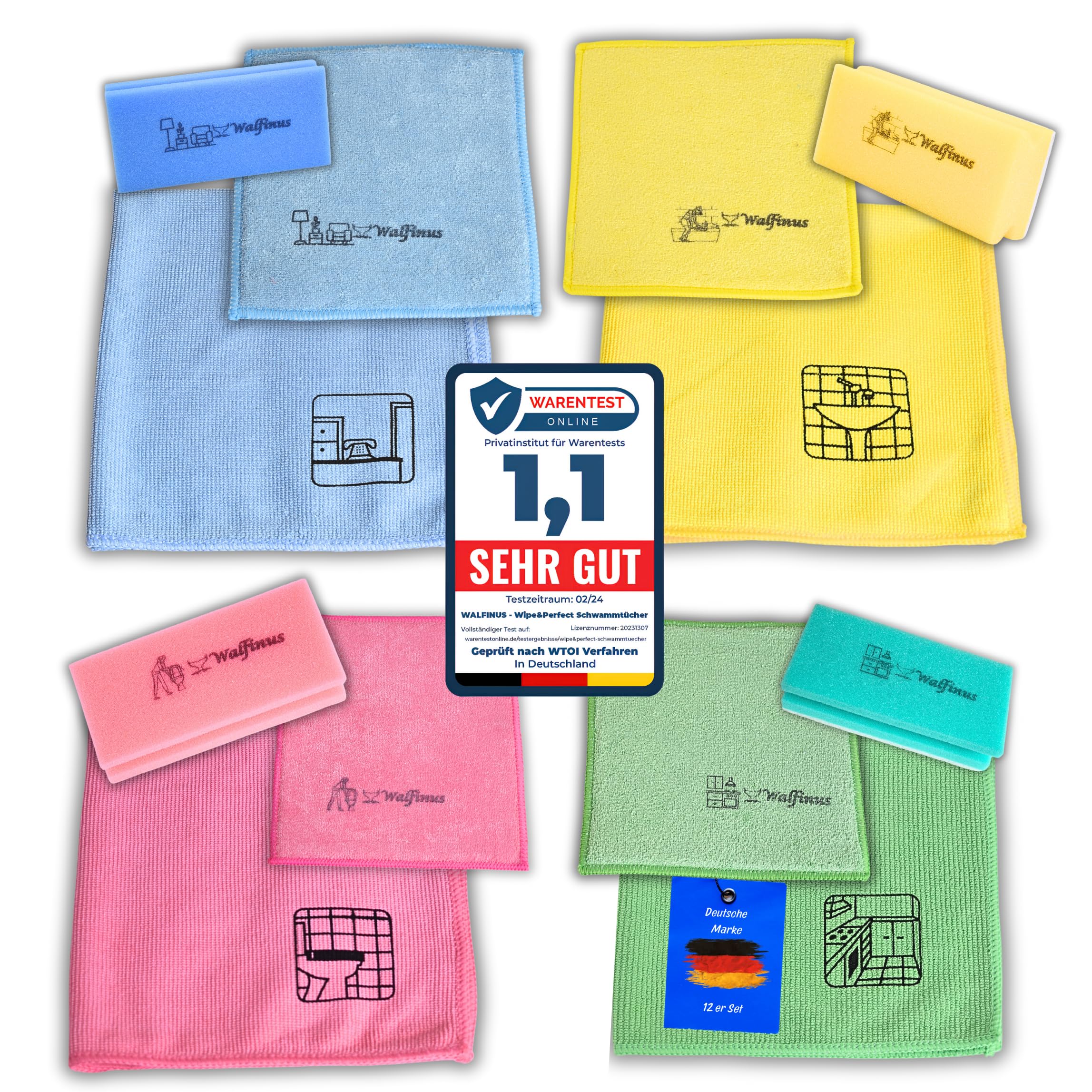 Hygiene XXL - Juego de 12 paños de microfibra para limpieza | Esponjas de limpieza con pictograma, sin rayas, sin arañazos, extraabsorbentes y lavables, sistema de color profesional.