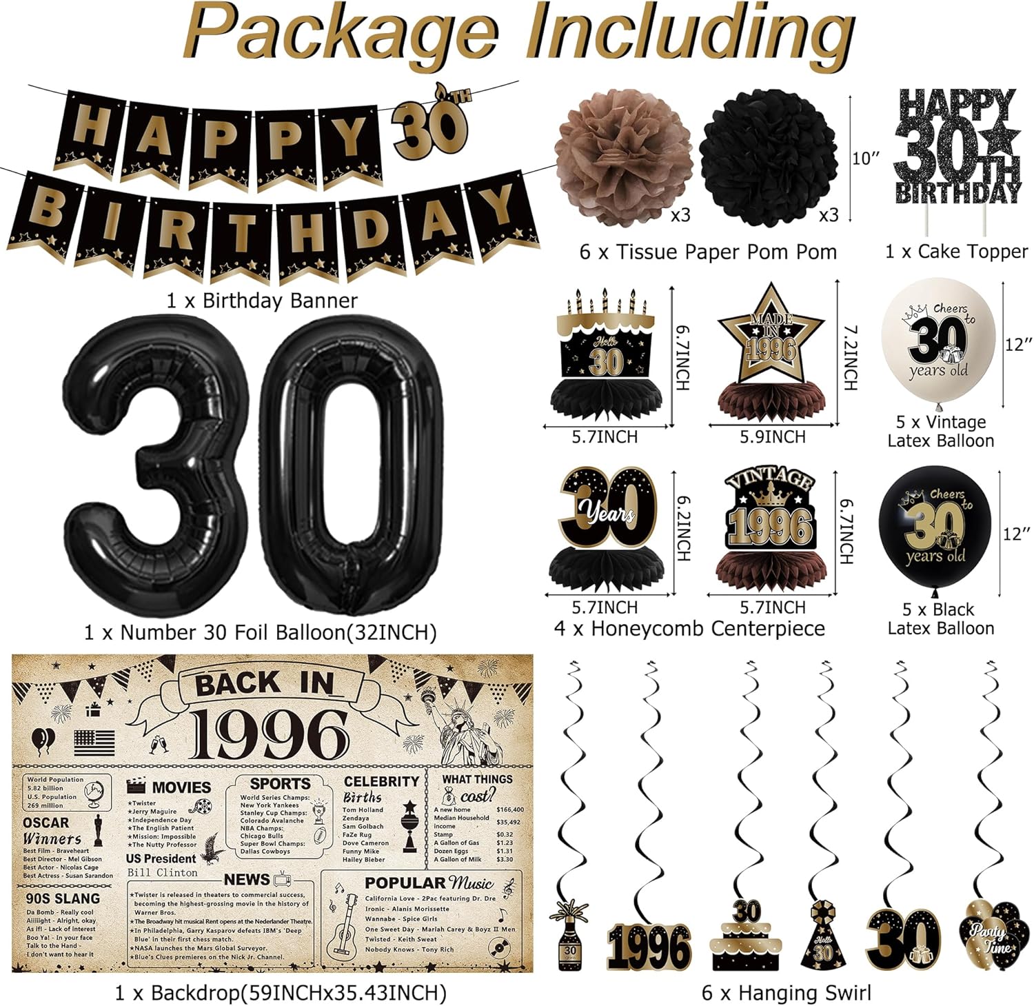 DARUNAXY 30th Birthday Party Decorations for Men Women, Vintage Back in 1996 Banner, Black 30 Number Balloons & Cake Topper, Vintage 1996 30 Birthday Honeycomb Hanging Swirl Confetti Balloons(30PC)