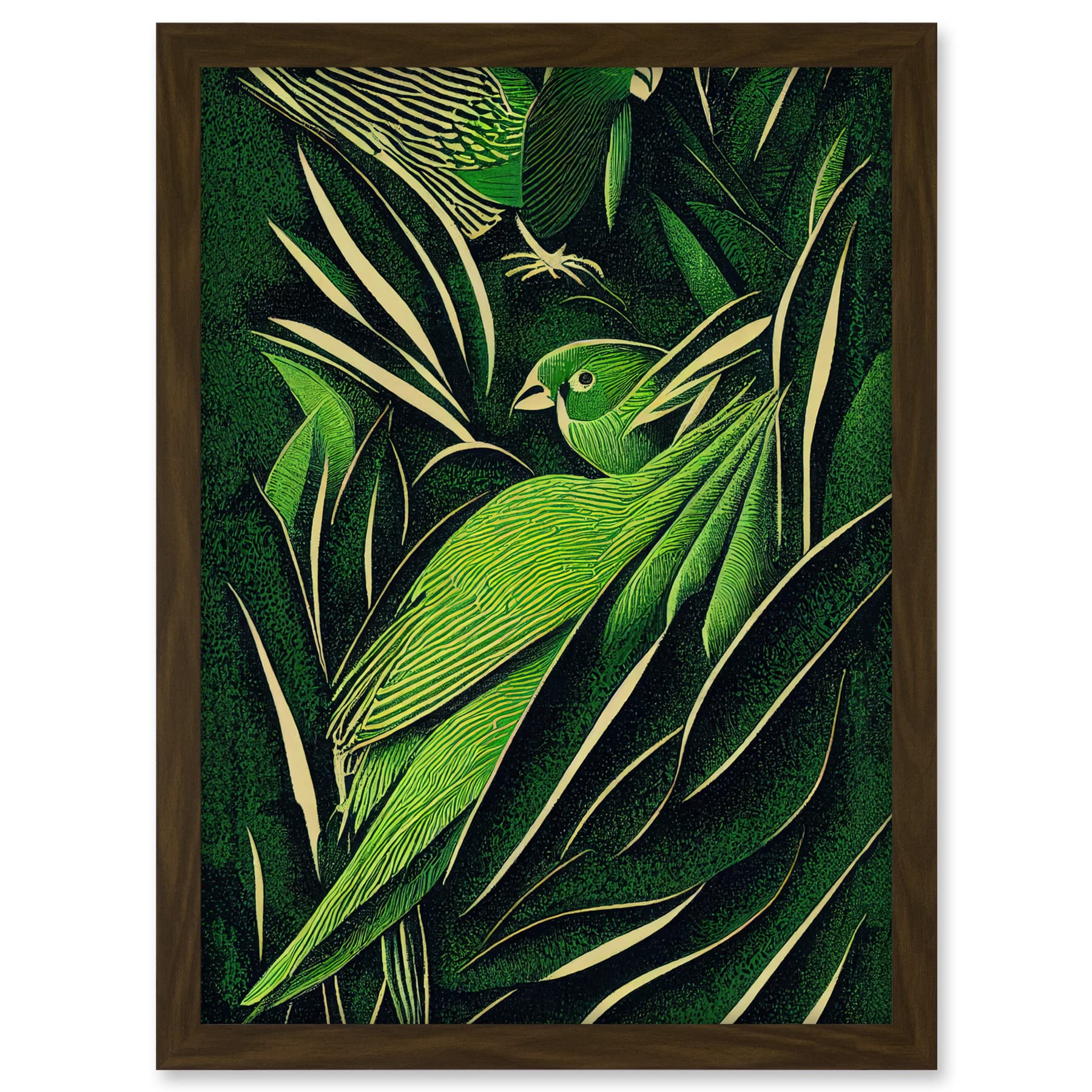 Wee Blue Coo Green Modern Vintage Retro Abstract Jungle Tropical Leaves Parrots Illustration Artwork Framed A3 Wall Art Print