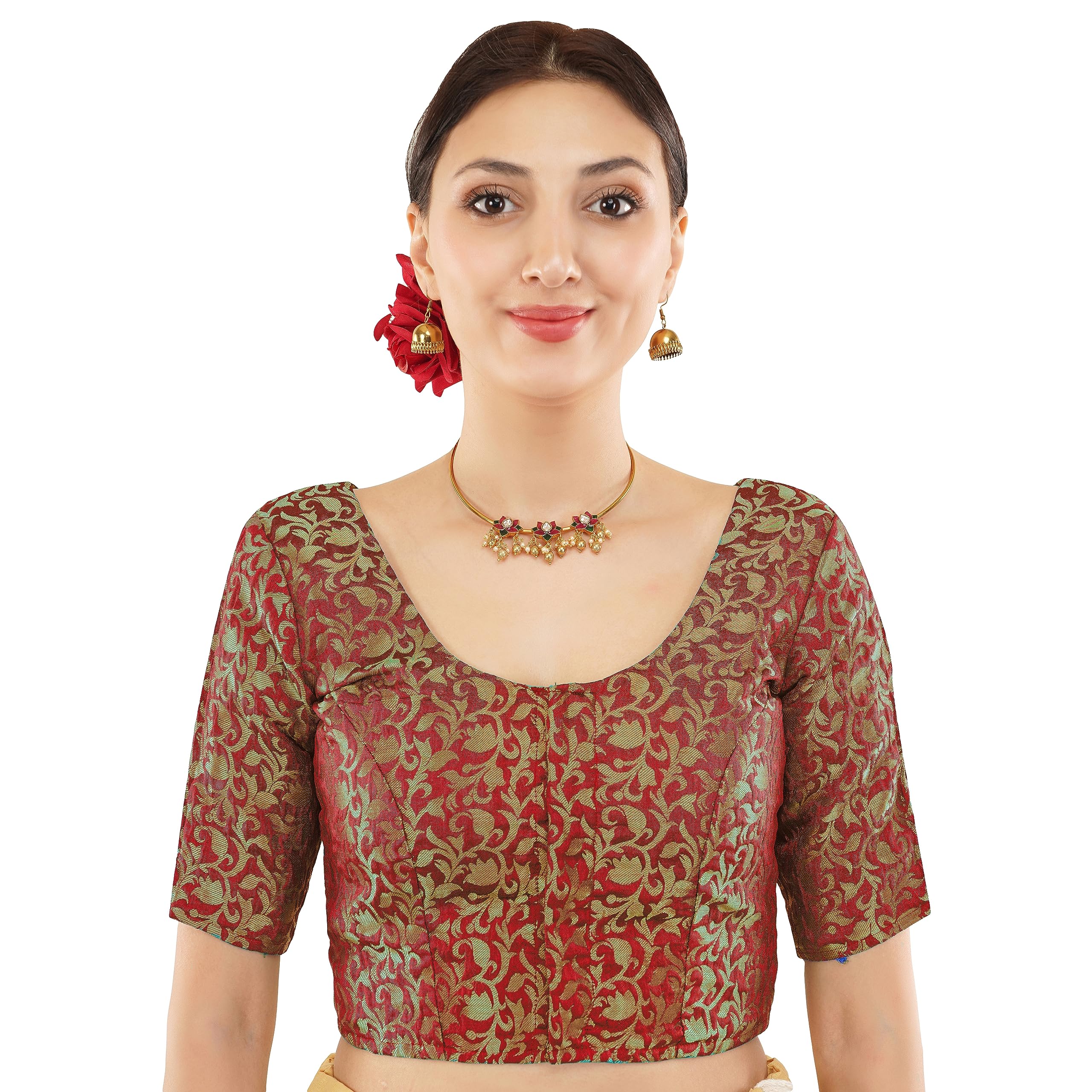 The Flying Tree Womens Brocade Non-Padded Half Sleeve U Shape Readymade Saree Blouse