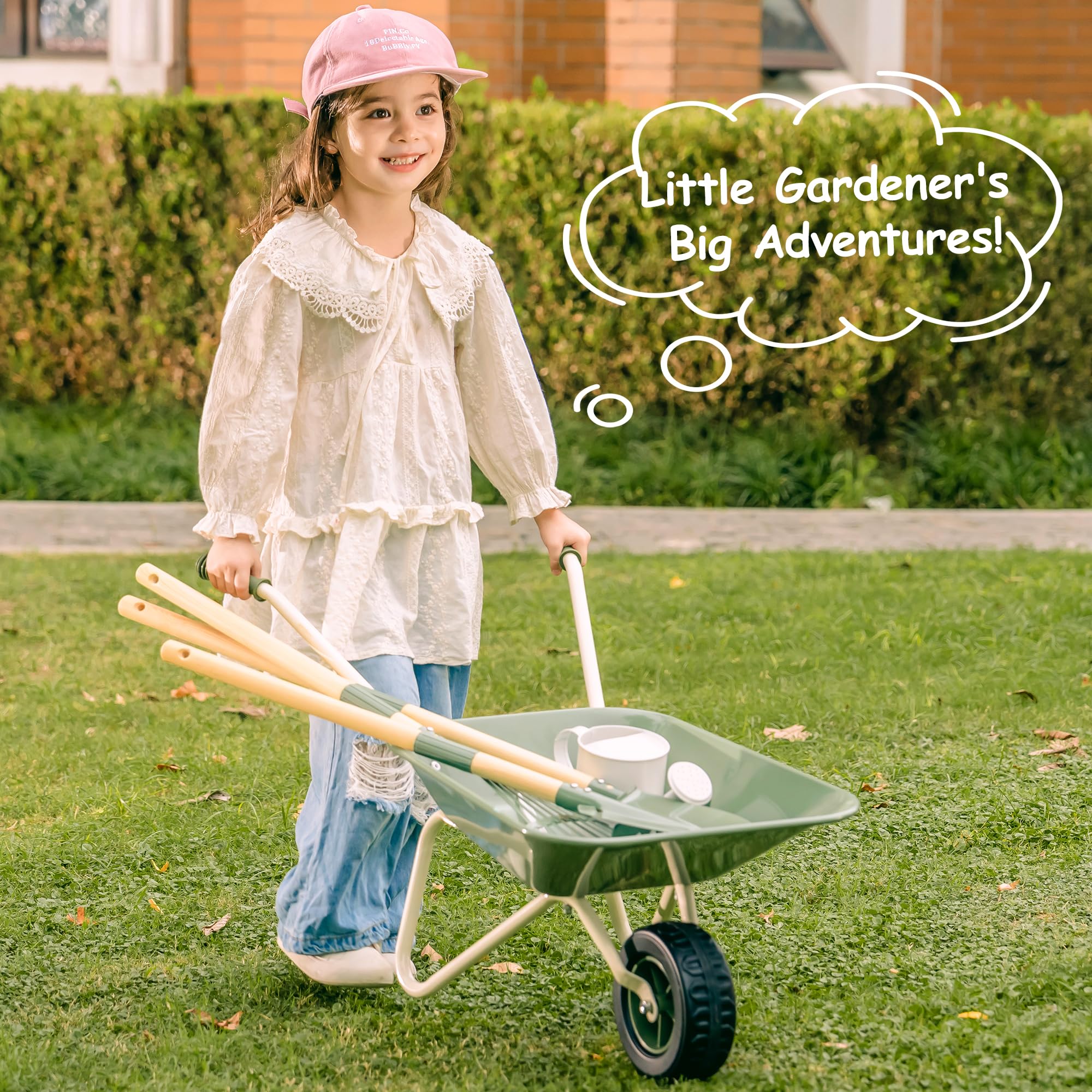 ROBUD Kinder Schubkarre Metall mit Gartenwerkzeug Set, Gartengeräte Spielzeug für Mädchen Jungen ab 3 Jahren, Grün