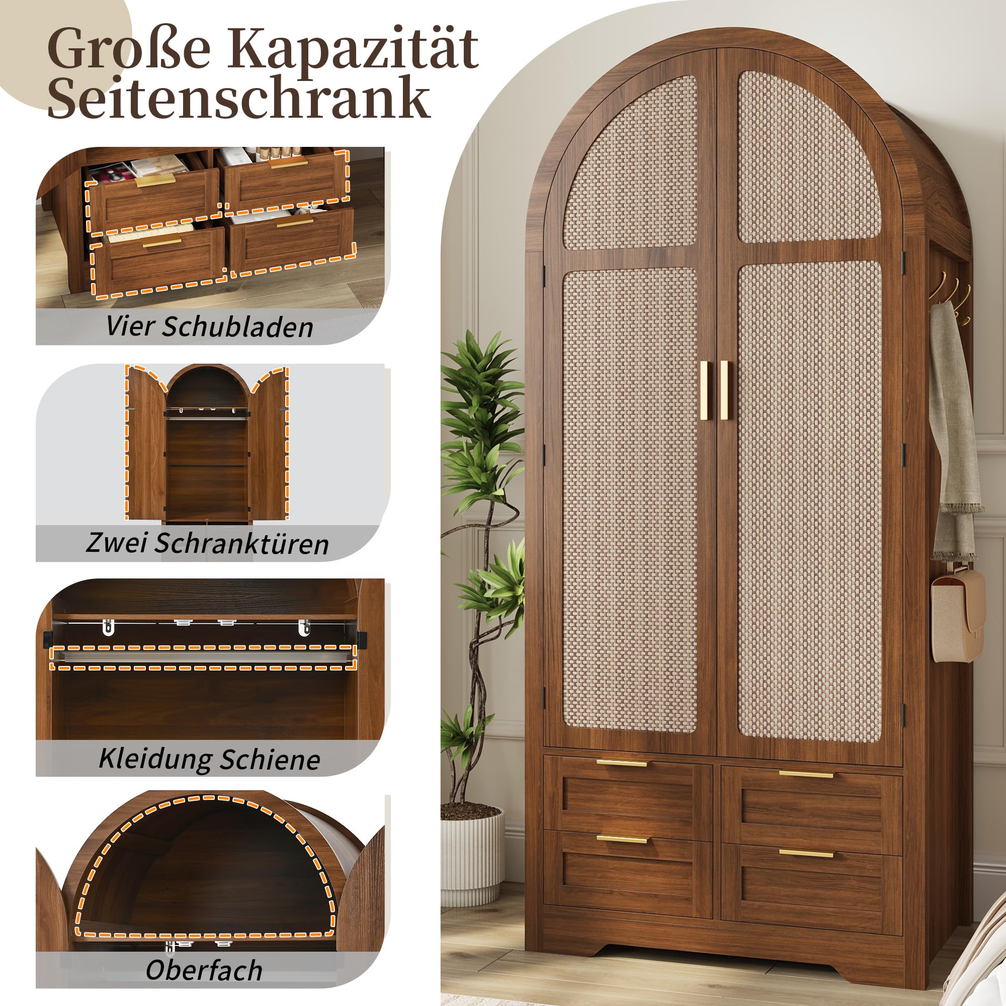 Szafa na ubrania z 4 szufladami, szafa garderobiana z drzwiami, szafka w stylu boho, pleciona plecionka z łuku, łukowa szafka do sypialni, salonu, przedpokoju