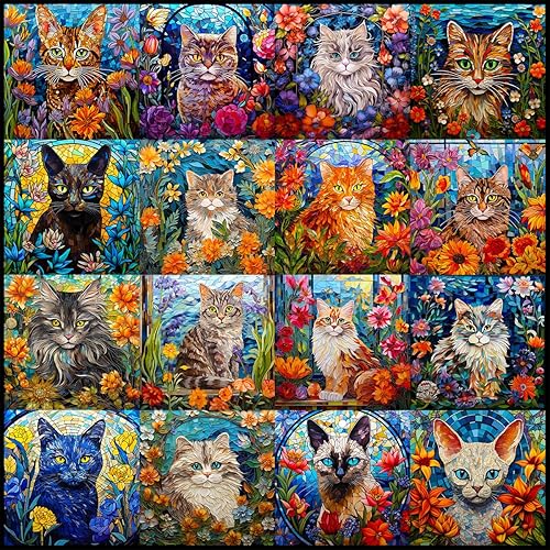 Bgraamiens Rompecabezas de arte de mosaico de gatos, 1000 piezas, arte de vidrieras con gatos y flores, desafío de color para adultos