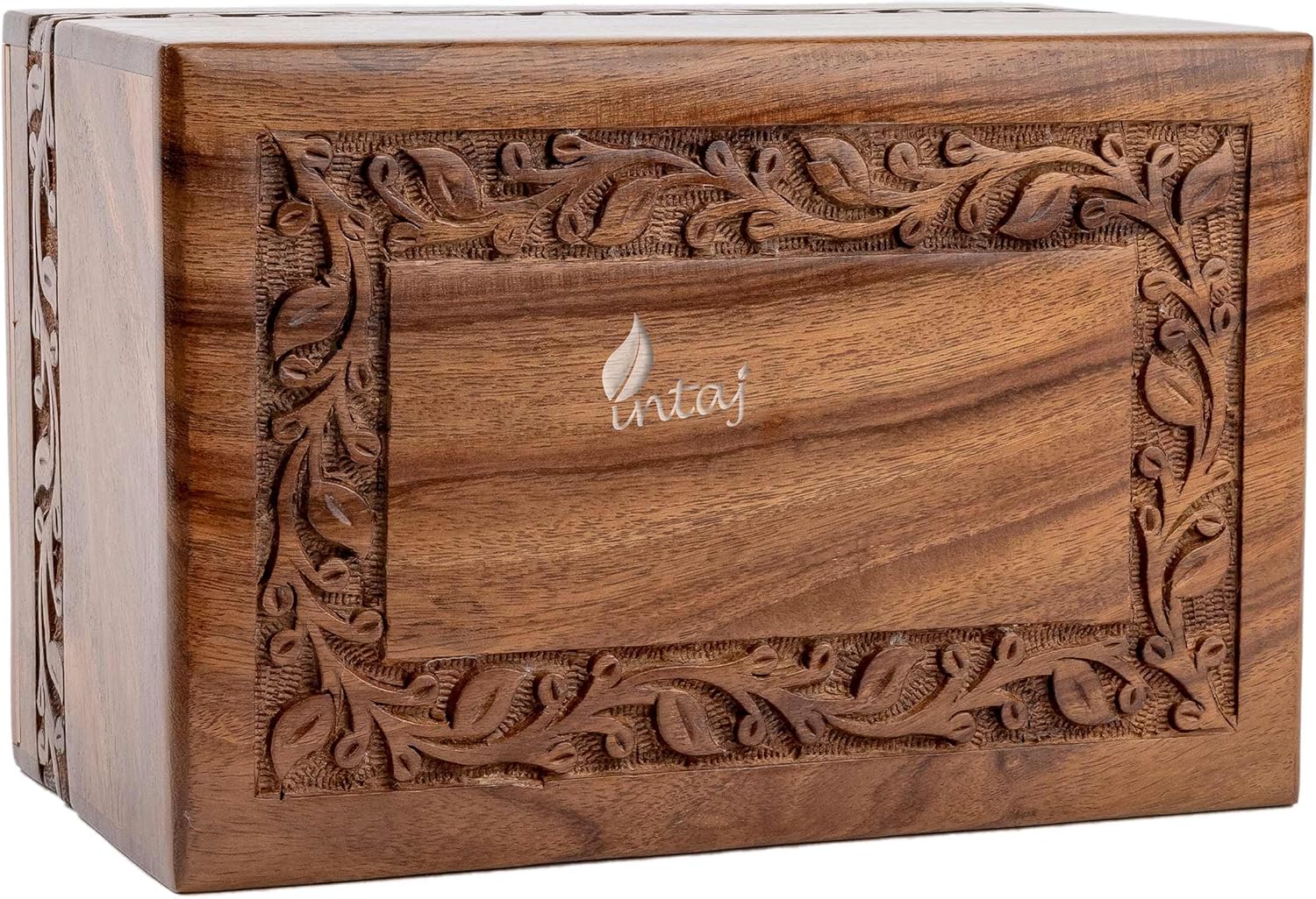 INTAJ Borders Wooden Urns for Human Ashes Adult Funeral Urn, Wooden Cremation Urns for Ashes Engraving, Wooden Box (L (11x7.5x6) 340 Cu/in, Custom Border Carved)
