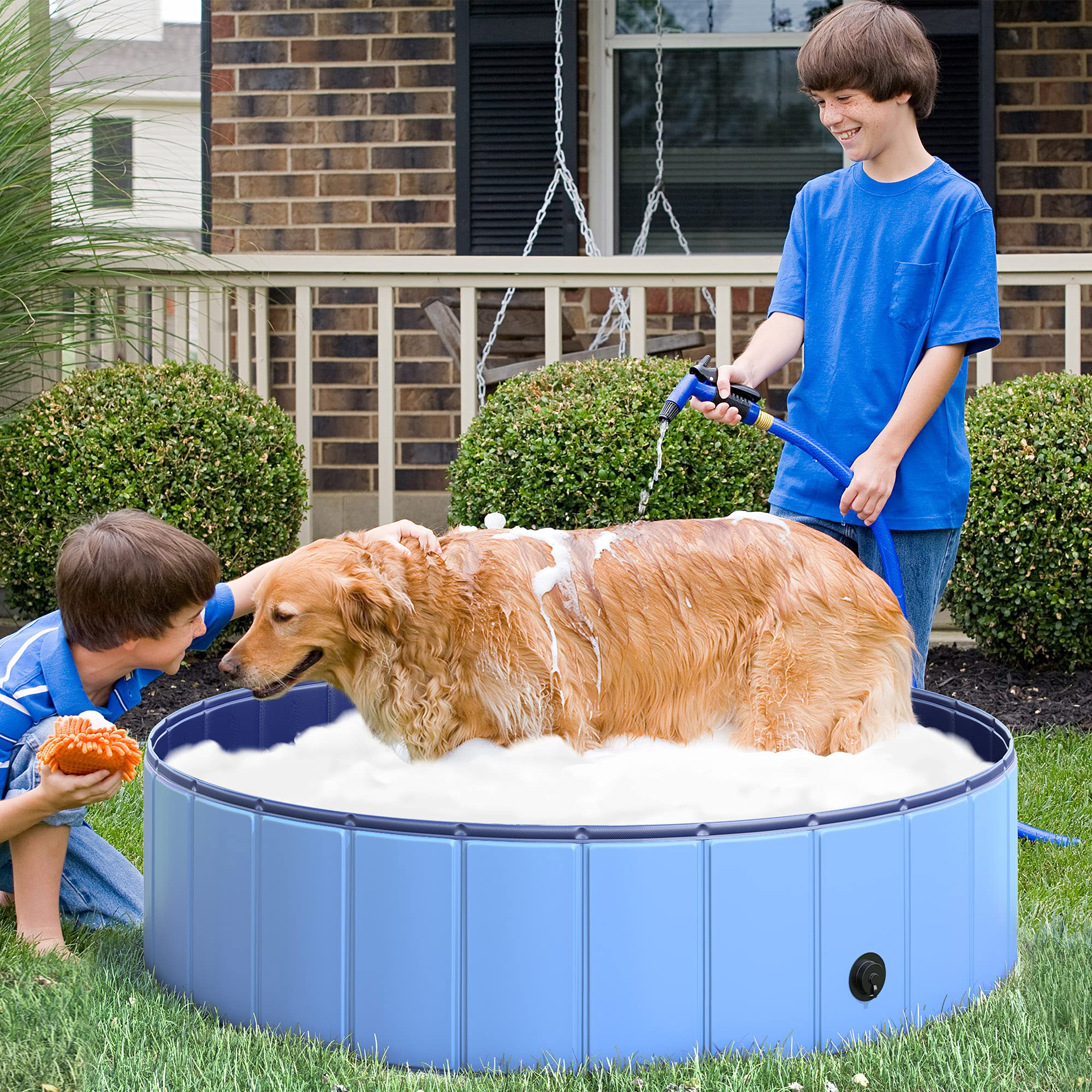Pawhut Piscina Plegable para Perros Gatos Bañera Portátil para Mascotas PVC Antideslizante Múltiples Usos para Interiores y Exteriores Ø120x30 cm Azul