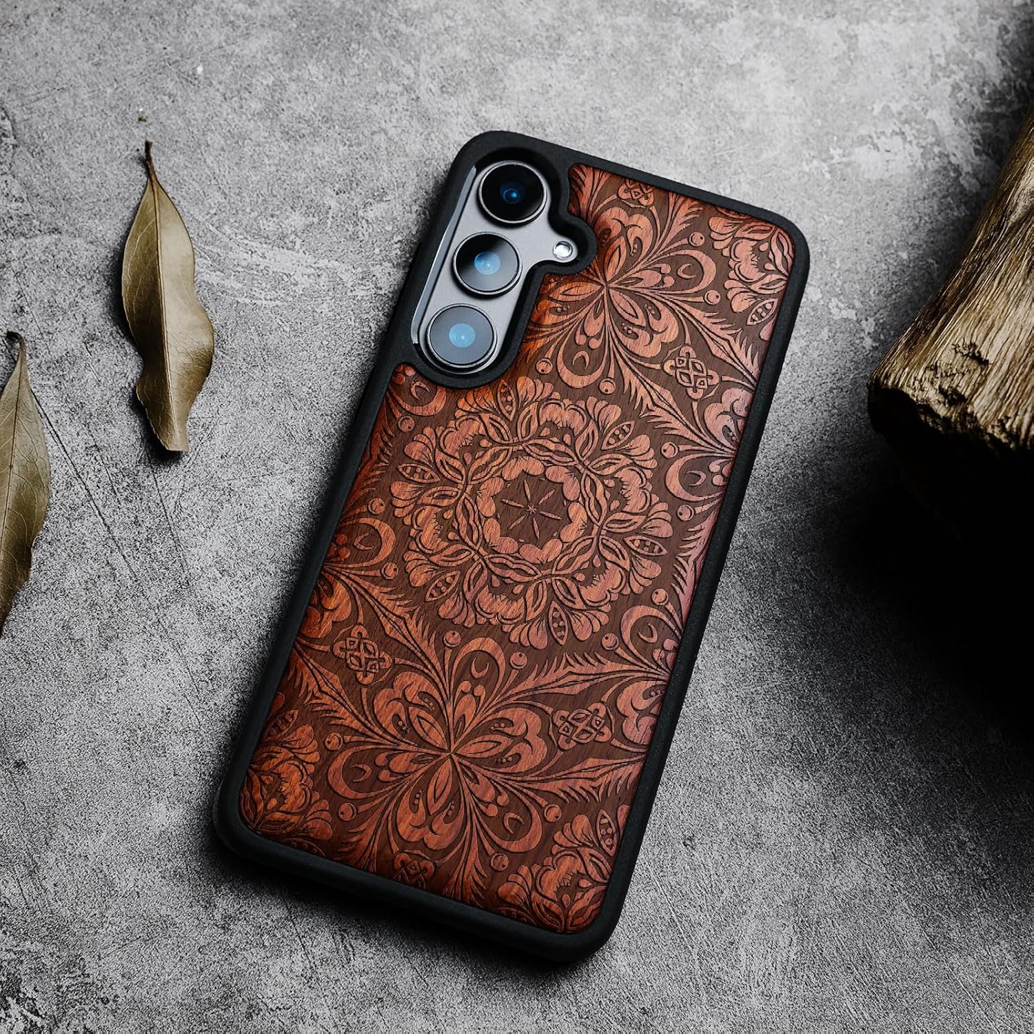 Carveit Wood Case for Galaxy S24 Case [Natural Wood & Black Soft TPU] Shockproof Protective Cover Unique Wooden Design Compatible with Samsung S24 (Baroque Blossom-Rosy)