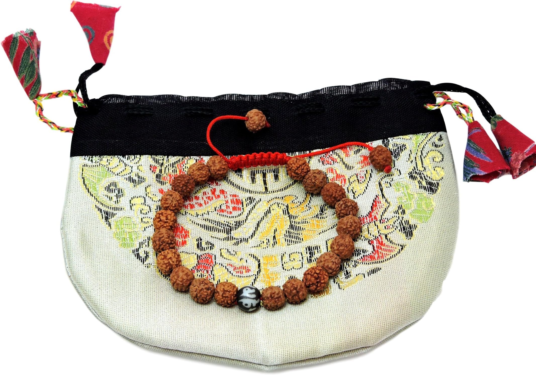Hands of Tibet Tibetan Mala Rudraksha Seed Wrist Mala Bracelet with Carved Om Mani Conch Shell Spacer Free Silk Pouch