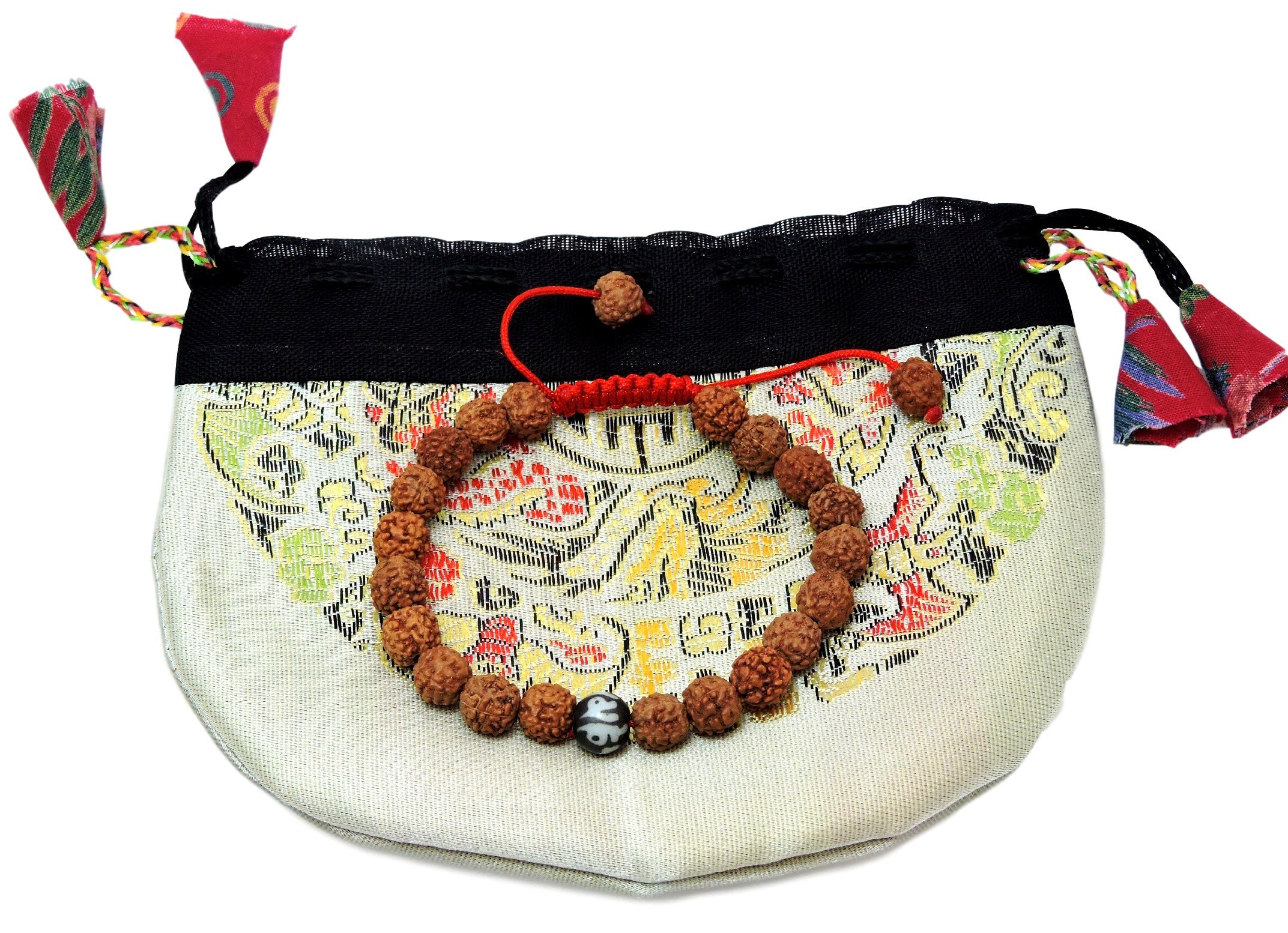 Hands Of TibetHands of Tibet Tibetan Mala Rudraksha Seed Wrist Mala Bracelet with Carved Om Mani Conch Shell Spacer Free Silk Pouch