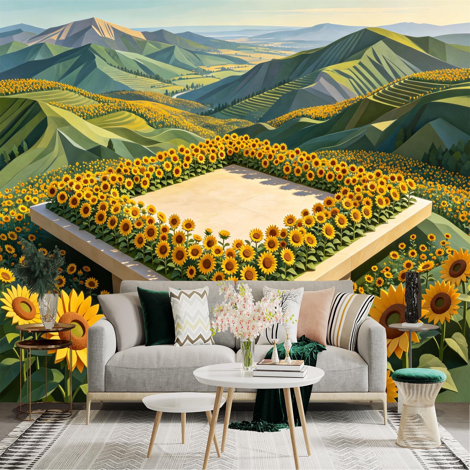 Lnzczhyre Dbh260521606 Custom Size Wall Sticker Mural， Scenic Sunflower Fields， Summer Landscape Platform， Floral Nature Scenery， For Wall Decoration， Peelandstick Wall Decals.
