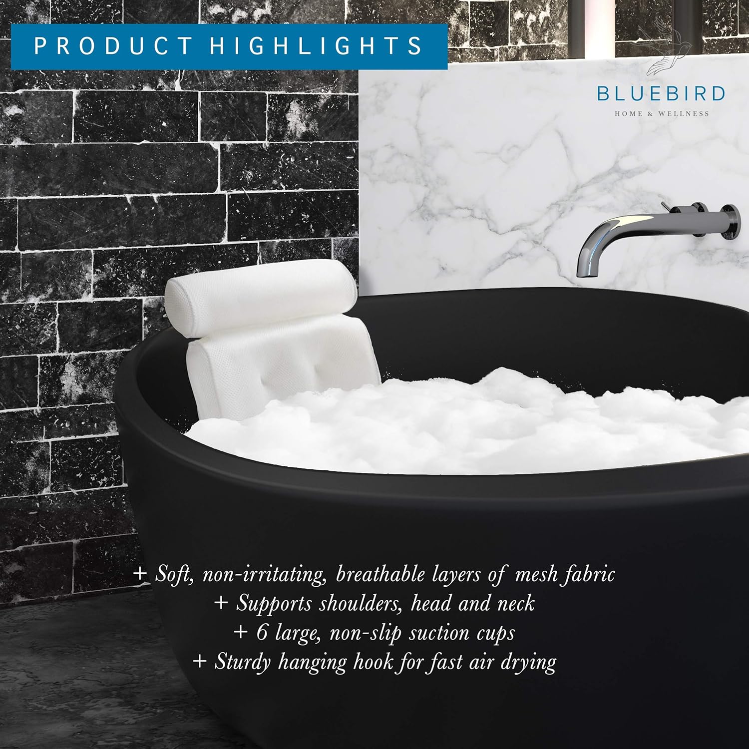 Ultra-Soft Bath Pillow by Bluebird Home & Wellness - Non-Slip, Extra Plush & Supportive for Neck and Back - Spa Pillow for Any Bathtub : Beauty & Personal Care
