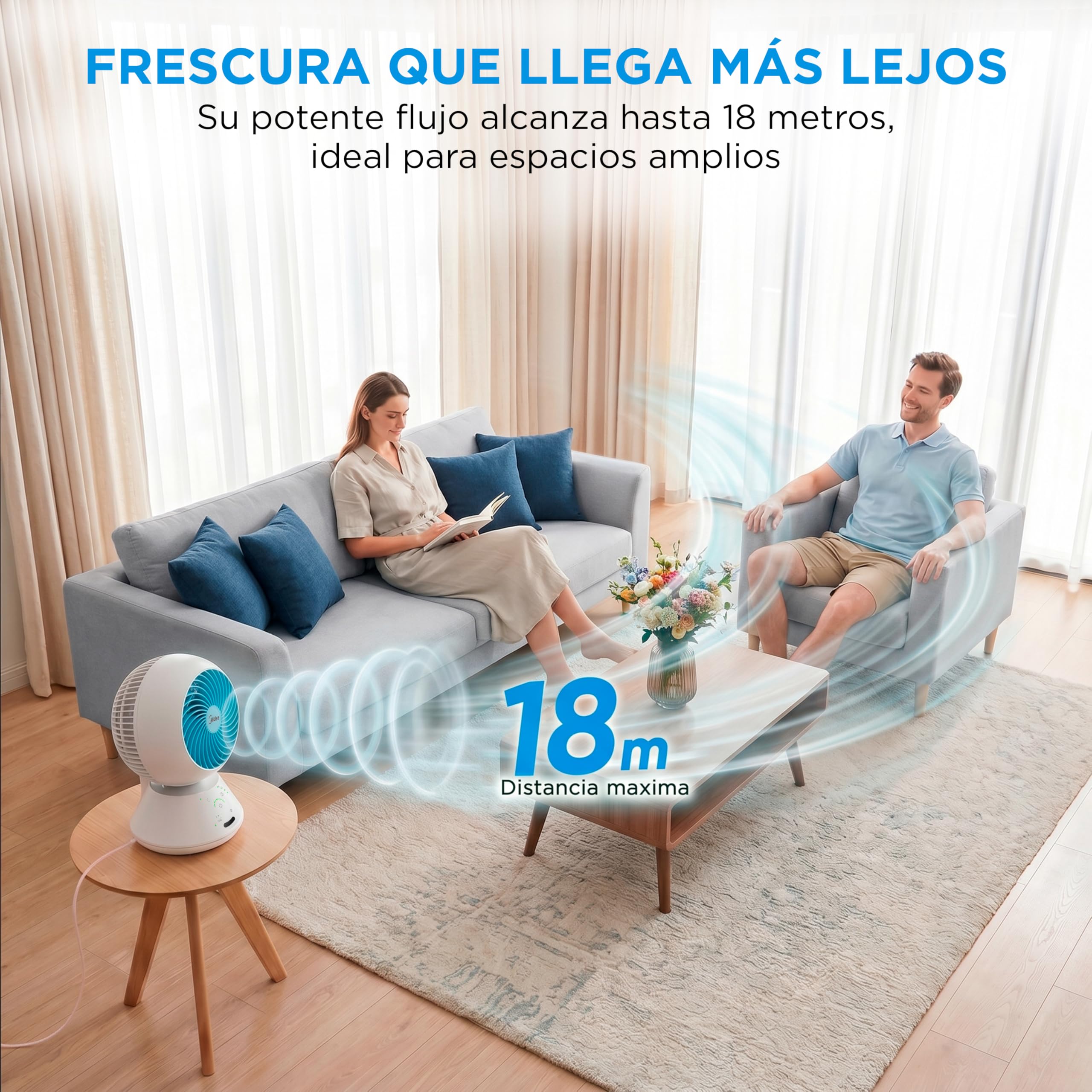 Midea Ventilador de Mesa Silencioso de 5 Velocidades con Mando a Distancia - Ventilador Pequeño Portatil con Oscilación Automática 120º + 105º, Temporizador de 15 horas - Alcance de hasta 15 metros