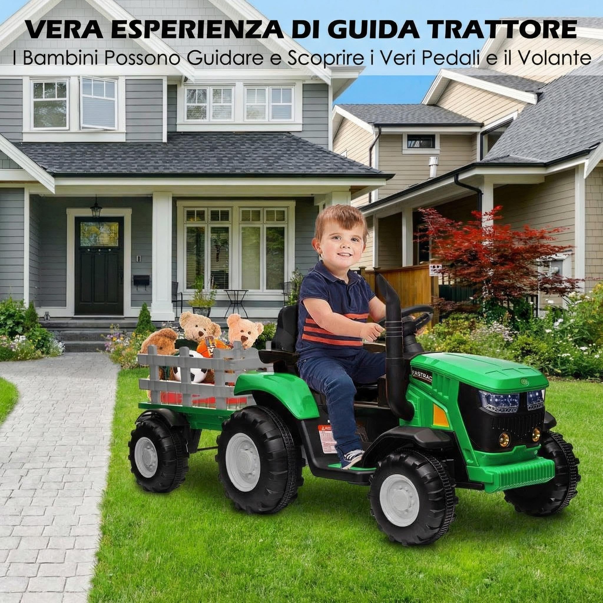 Garvee Trattore Elettrico per Bambini, Batteria 12V con Telecomando, Trattore con Rimorchio e Doppio Motore, Bluetooth/USB, Cambio a 3 Marce, Luci a 7 LED(Verde)