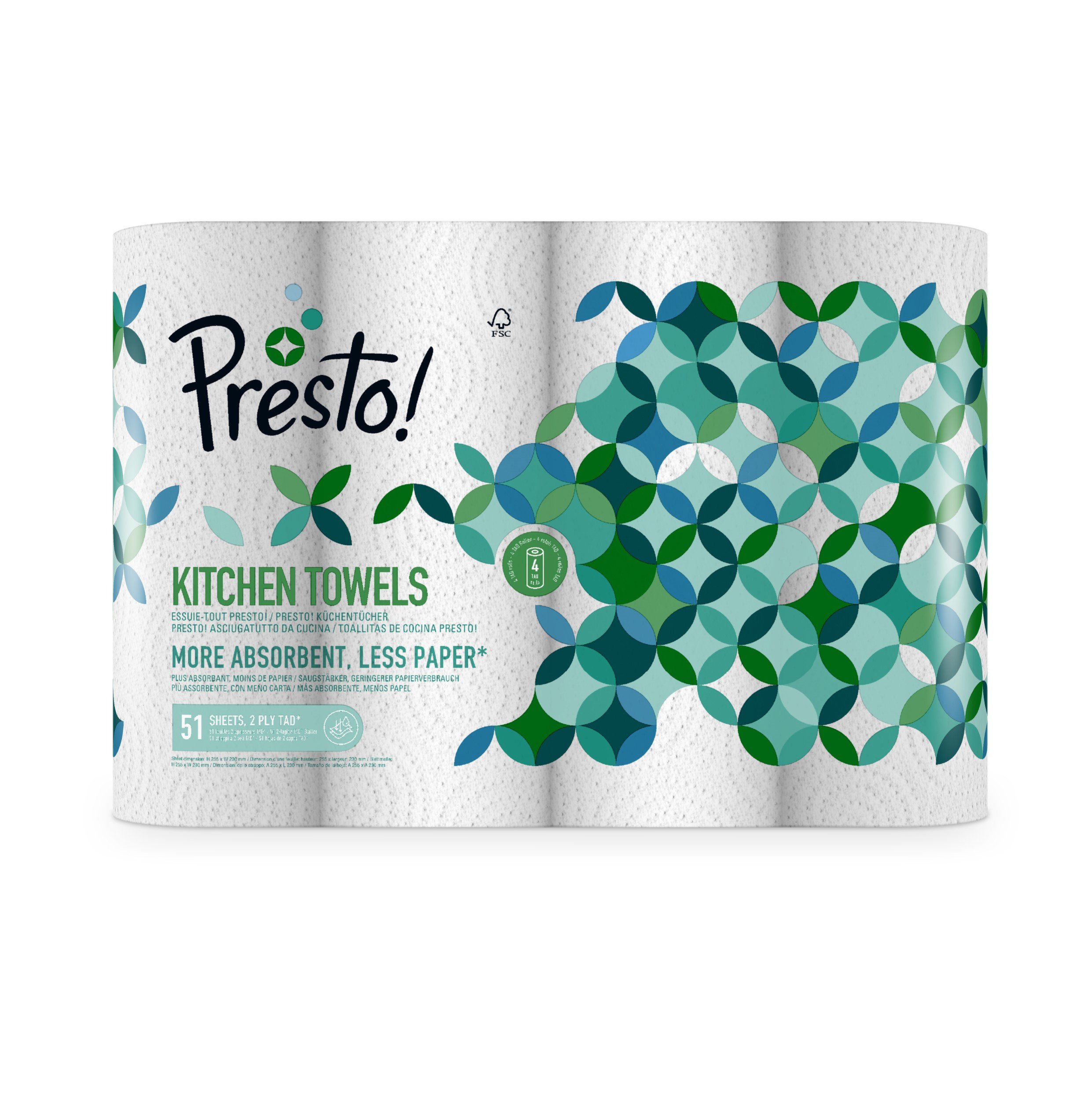 Amazon Brand - Presto! TAD Kitchen Roll, Extra Absorbent, 1632 sheets, 32 Count (8 Packs of 4), 51 Sheets per Roll, Wring and Reuse, FSC Certified, White — view 2