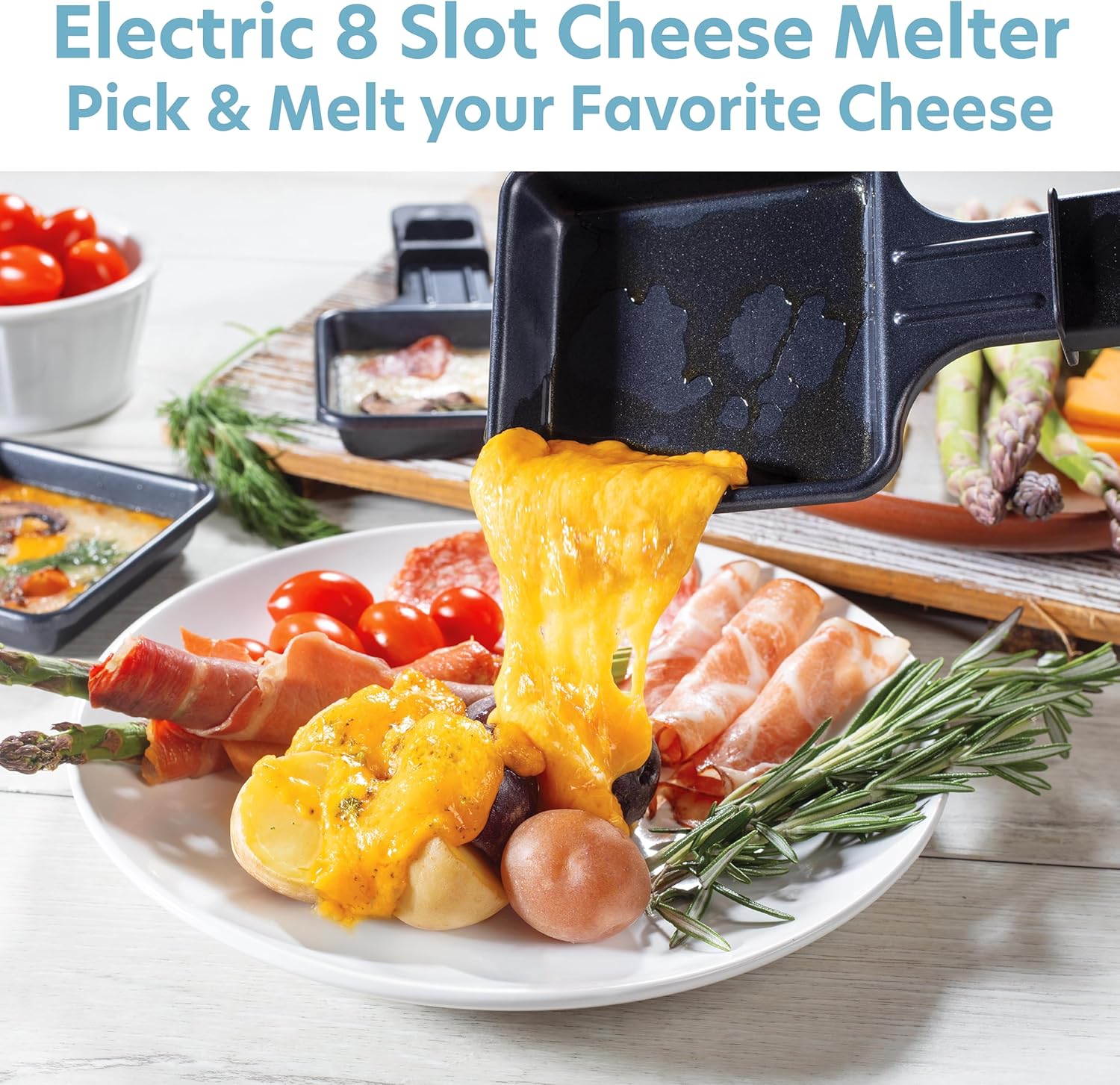 Electric Cheese Raclette Table Grill w Nonstick Grilling Plate & Cooking Stone- Electric Indoor Smokeless Korean BBQ 8 Person Tabletop Cooker Hotplate- Melt Cheese Grill Meat Veggies Home Dinner Party