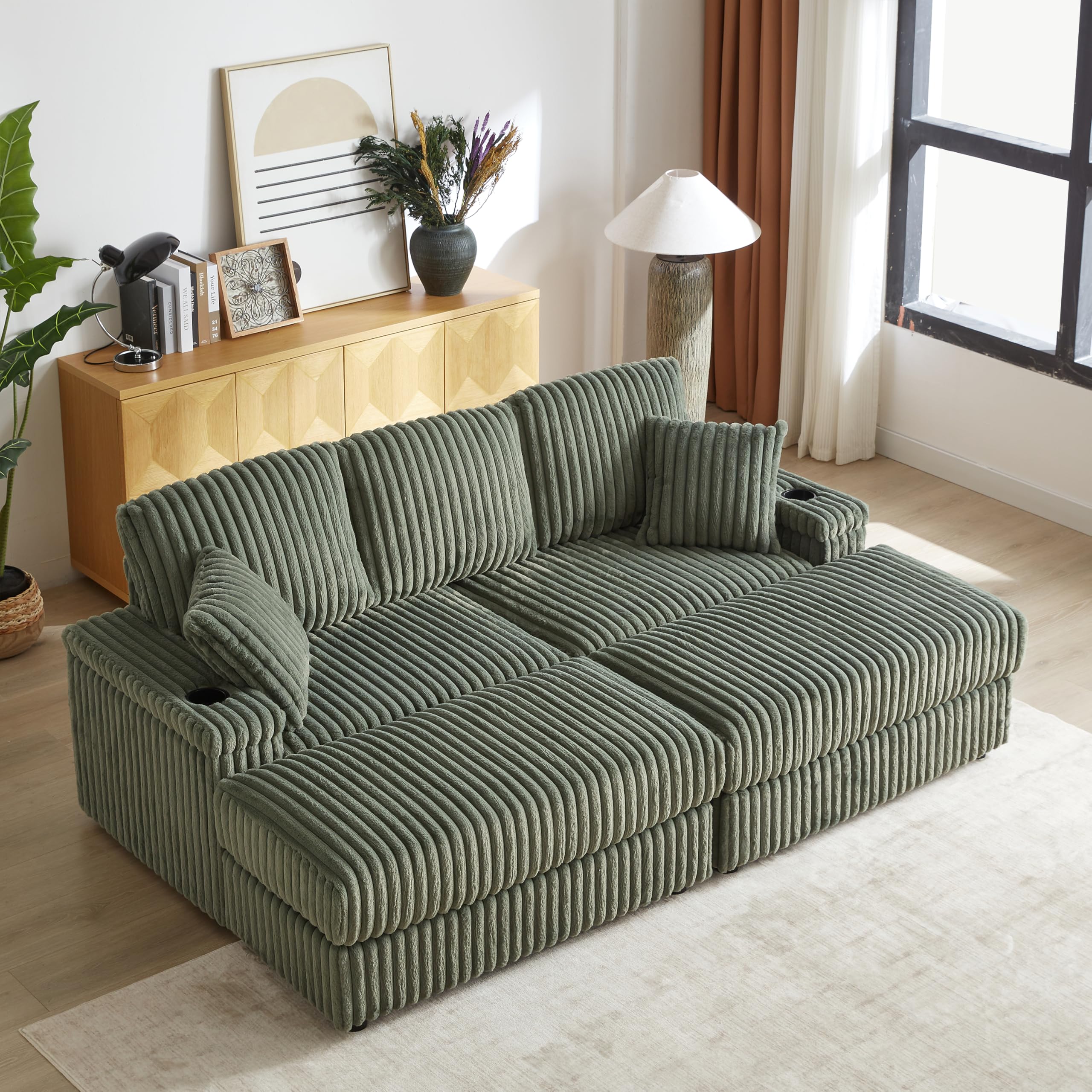 WILLIAMSPACE 84" Sectional Sofa Cloud Couch with 2 Ottomans for Living Room, Modern Upholstered 3 Seater Sofa Deep Seat Reading Chair Couch with Storage Arm, Reclining Sofa Bed, Corduroy (Army Green)