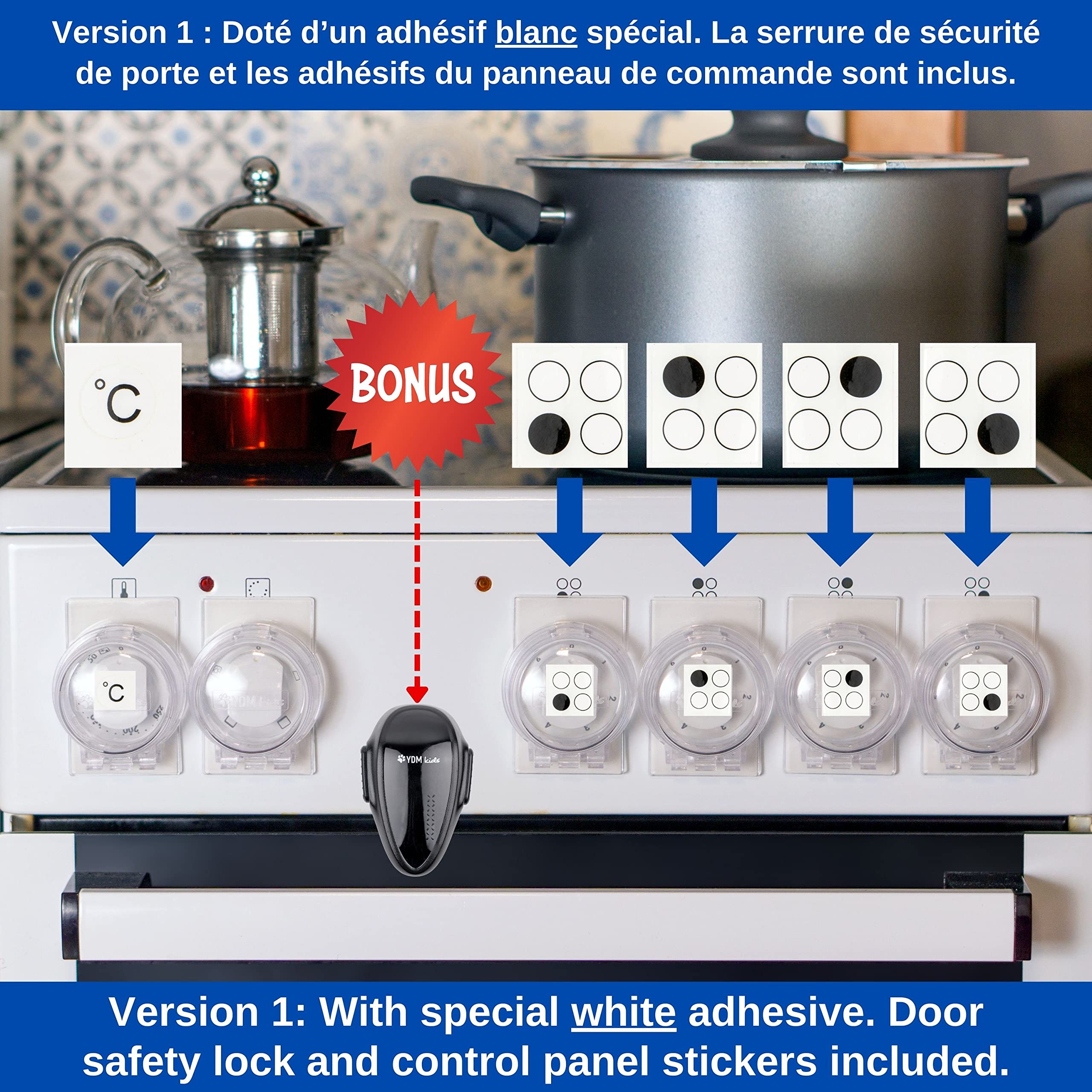 Cache-Boutons de Cuisinière et Verrou pour le Four, Jeu de 7, pour Cache Boutons avec max. Ø 4,9 cm avec min. Distance centre à centre de 6,1 cm, Couverture Bouton Cuisinière, Bloc Protection enfants