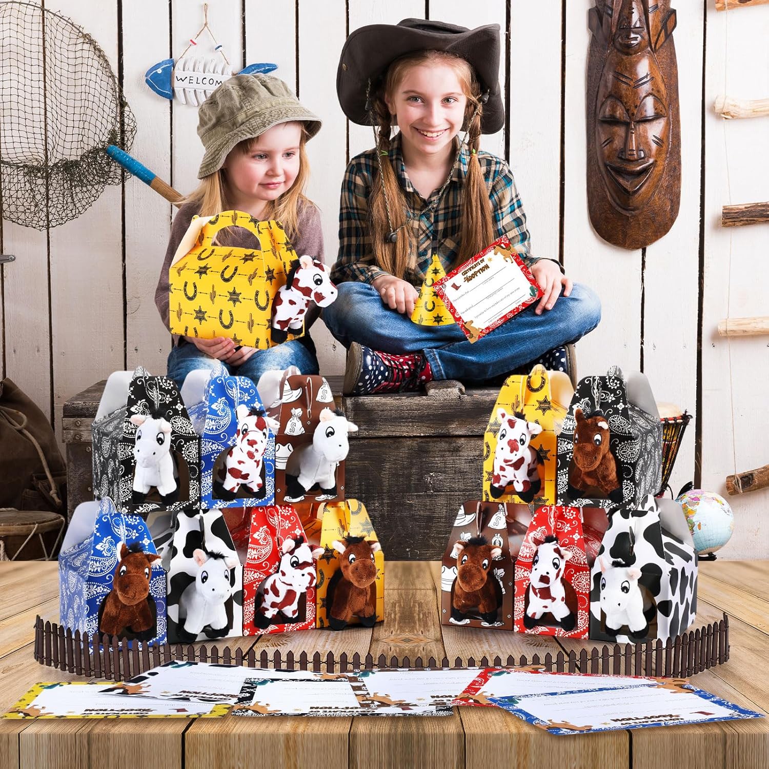 48 Pcs Adopt a Horse Party Favors Include 24 Mini Horse Stuffed Animals 24 Foldable Paper Boxes 24 Adoption Cards 24 Hats for Adopt a Pet Farm Western Party Favor Supplies (Design)