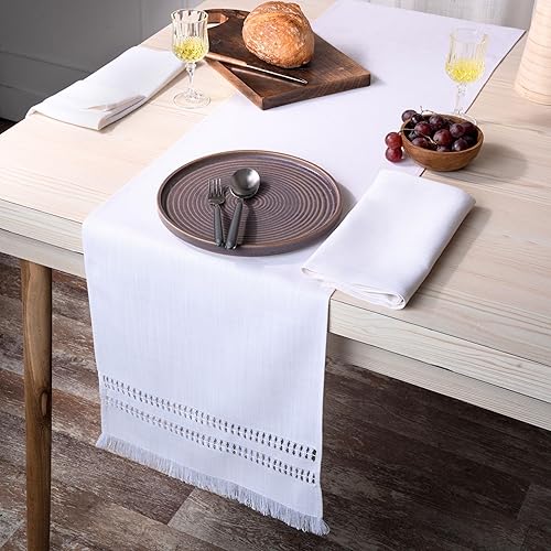 Miniatura 5 de D'Moksha Homes Camino de mesa rojo de 14 x 120 pulgadas - Camino de mesa rústico de punto vainica hecho a mano - Camino de mesa de lino sintético,