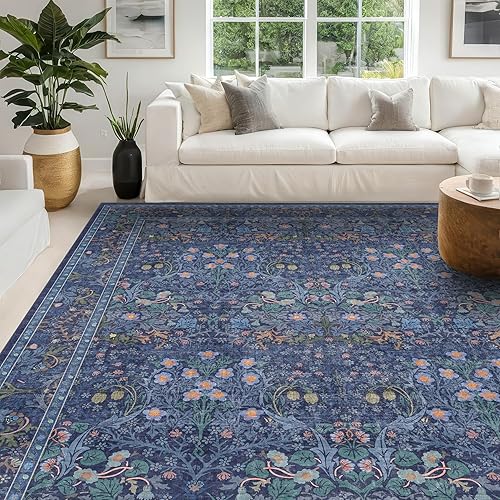 Dark Blue Living Room Rug 8x10, Vintage Floral Washable Area