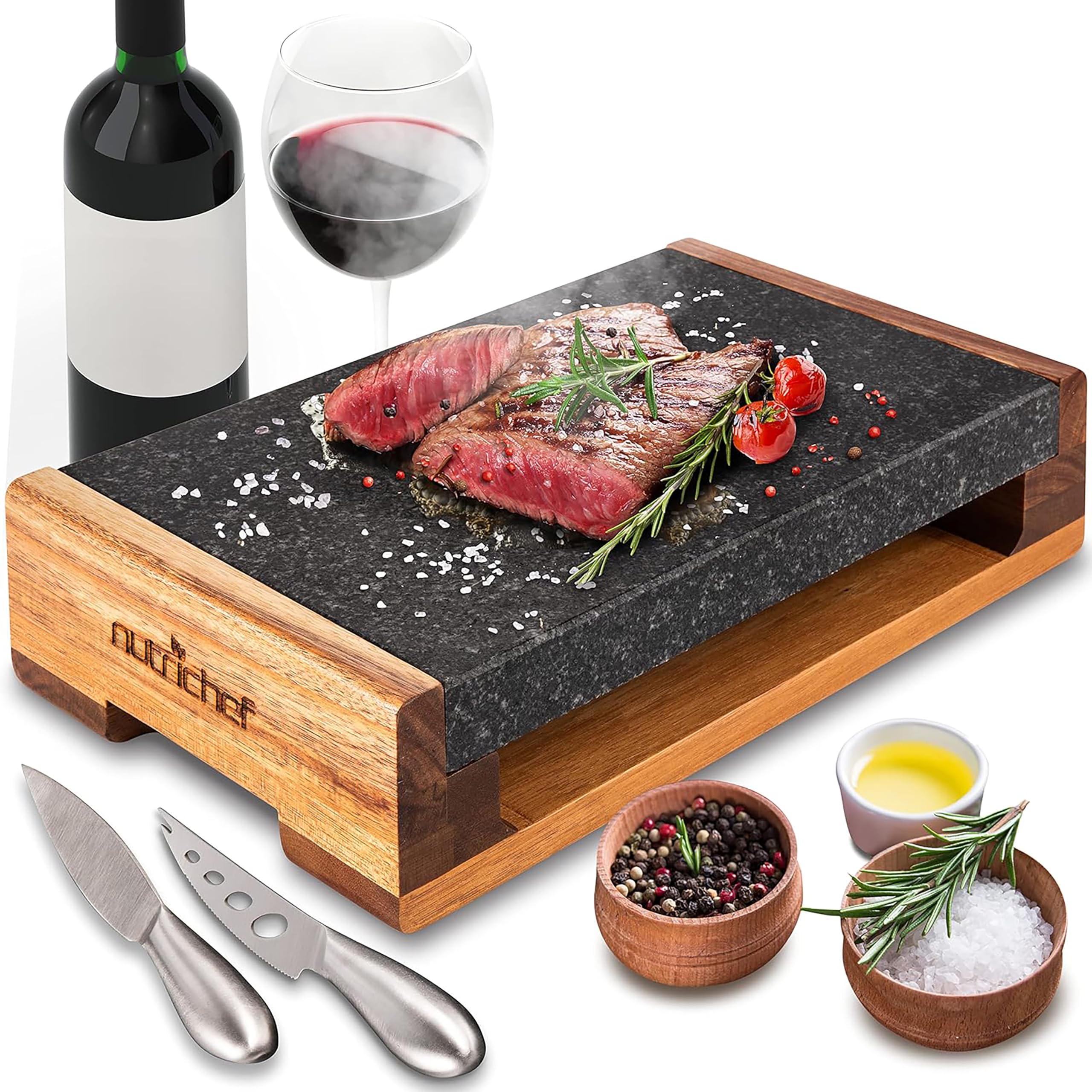 Nutrichef Set Grilla in Pietra, Piastra in Lava per per Grigliare Carne con Coltelli in Acciaio Inossidabile, Riscalda e Mantiene il Gusto
