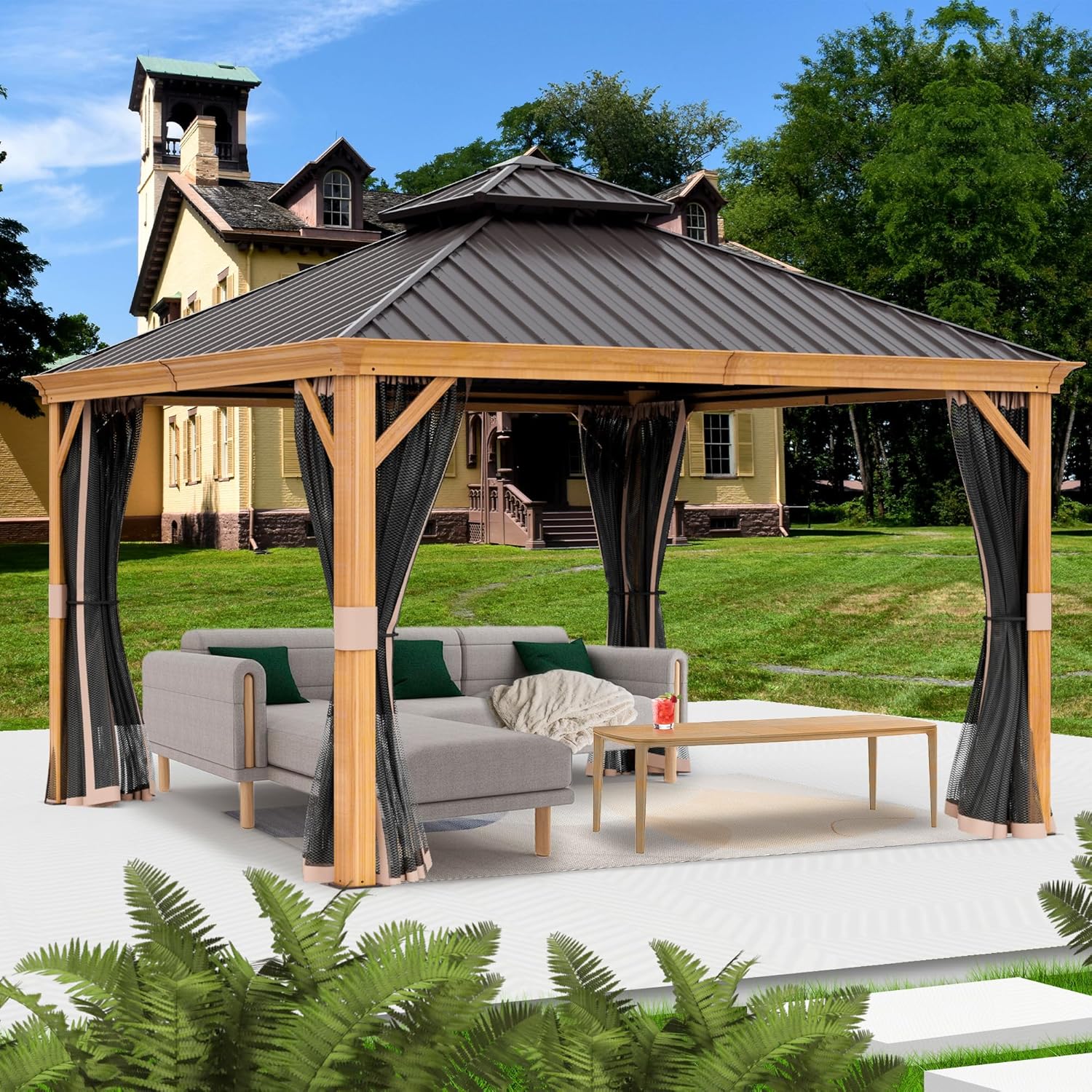 Kozyard Apollo 12’x20’ Hardtop Gazebo, Wooden Coated Aluminum Frame Canopy with Galvanized Steel Double Roof, Outdoor Permanent Metal Pavilion with Netting for Patio, Deck and Lawn (12ft x 20ft)