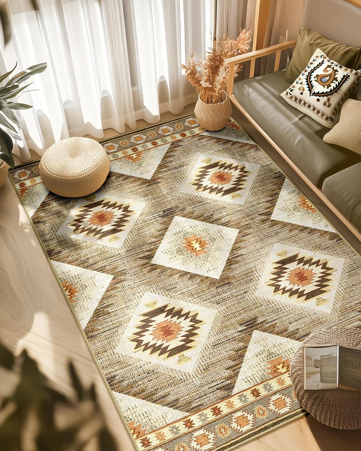 Area Rug 5x7 Rug Machine Washable Non-Slip Low Pile Print Pattern Western Rug for Living Room Bedroom Entryway Tribal Series -Cream/Camel Cream/Camel 5' x 7' (Rectangular)
