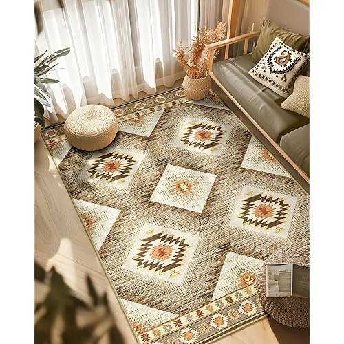 Area Rug 5x7 Rug Machine Washable Non-Slip Low Pile Print Pattern Western Rug for Living Room Bedroom Entryway Tribal Series -Cream/Camel